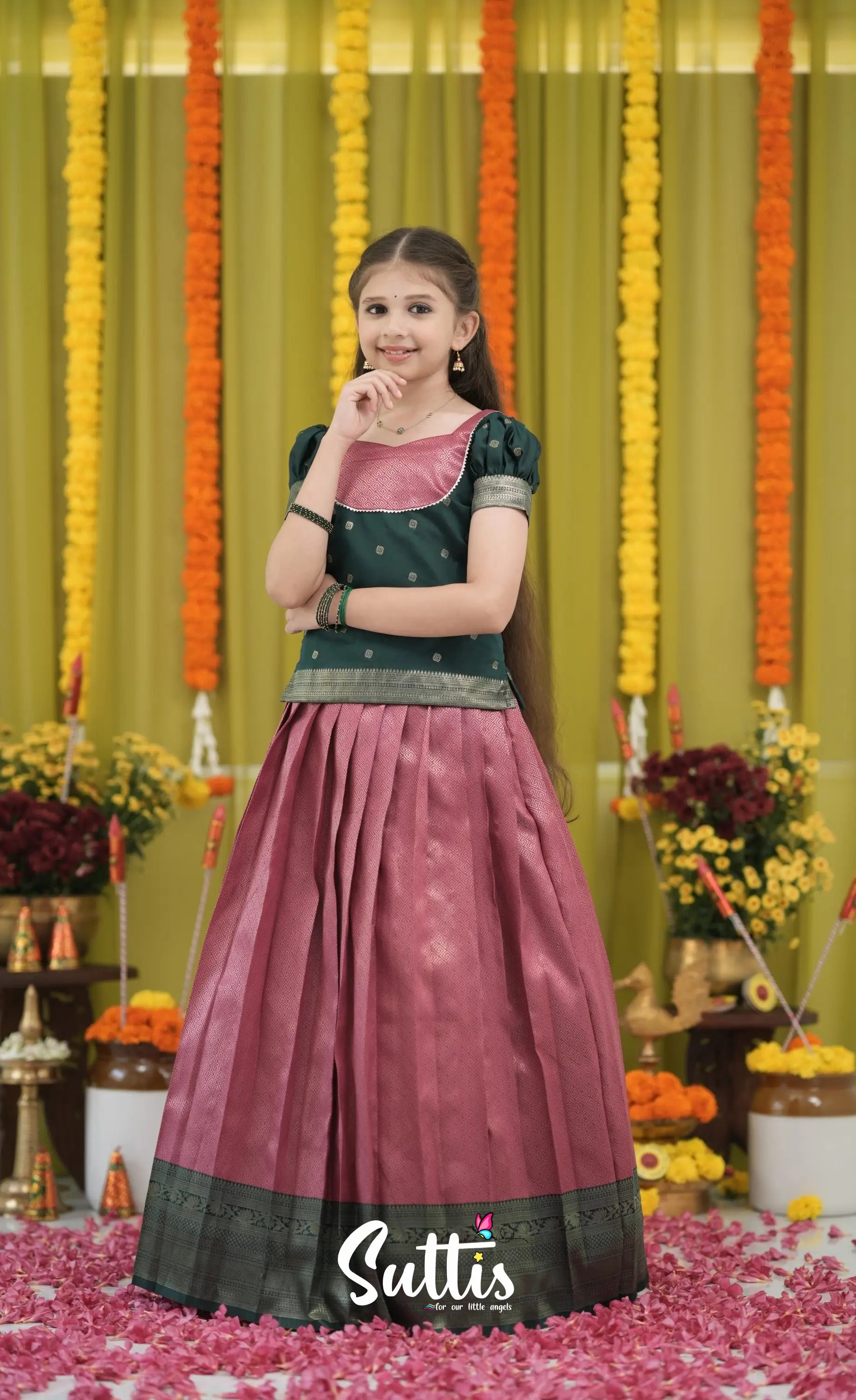 Blended Silk Pavadai Sattai - Deep Pink and Dark Green Kids-Suttis