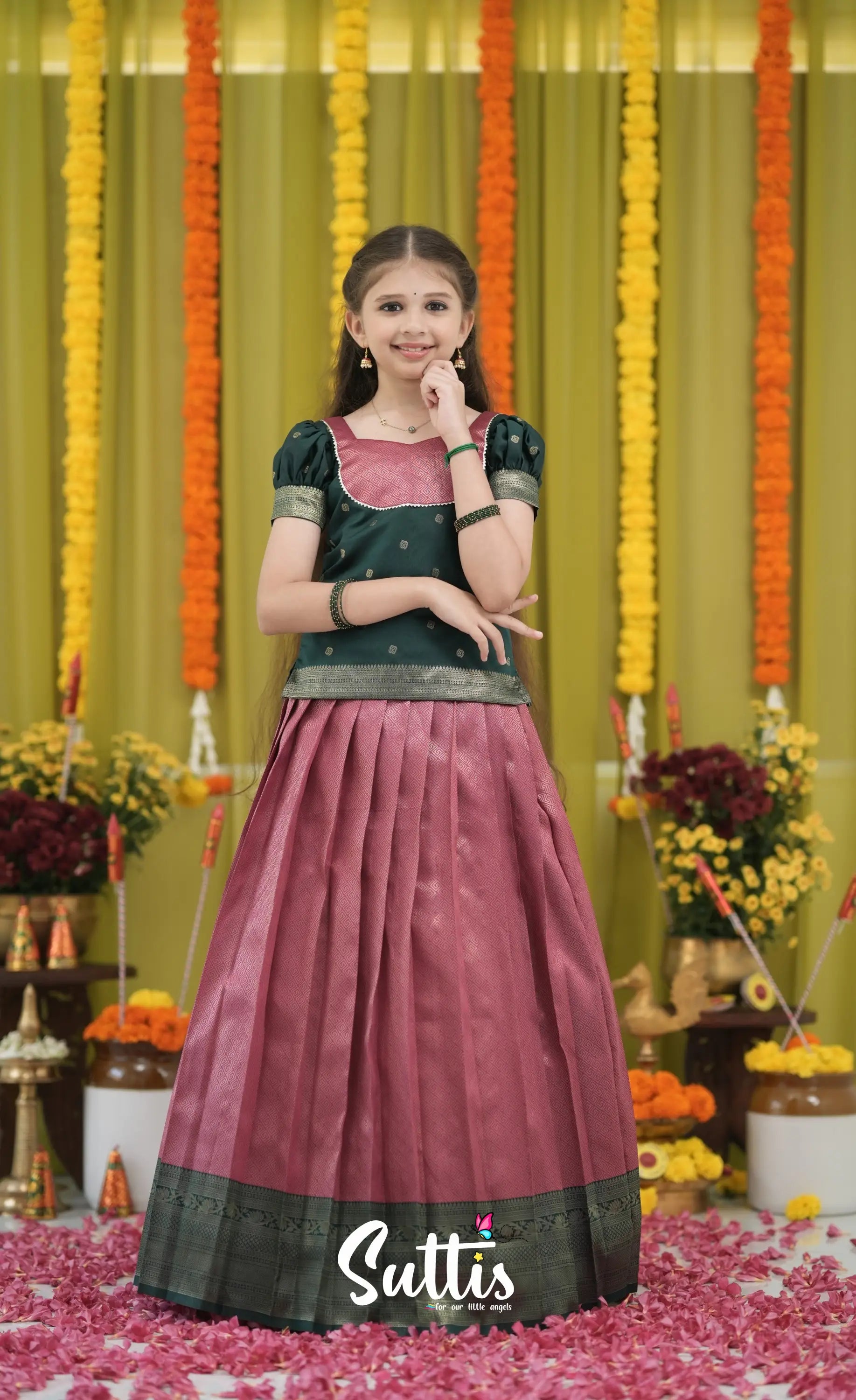 Blended Silk Pavadai Sattai - Deep Pink and Dark Green Kids-Suttis