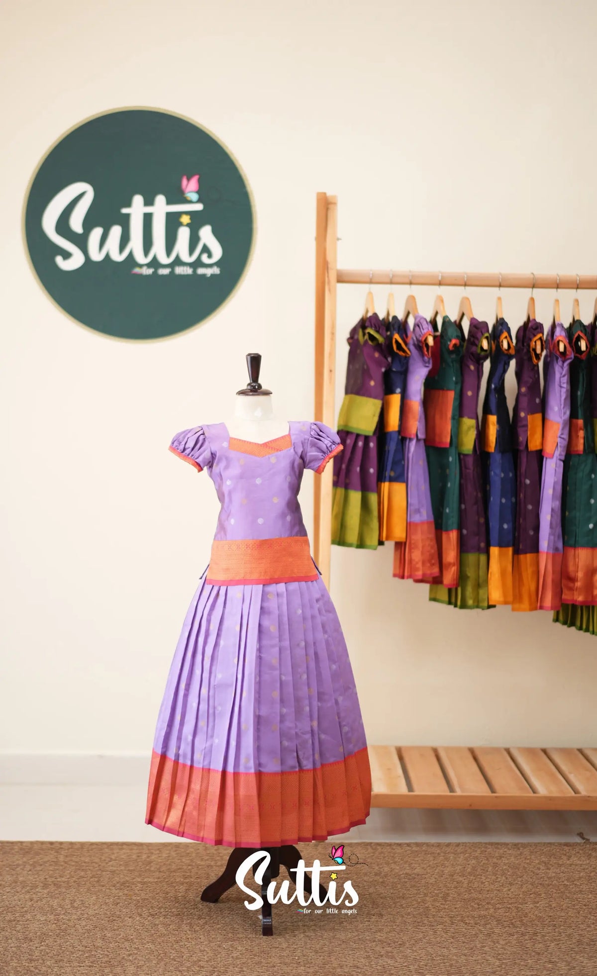 Blended Silk Pavadai Sattai - Lavender and Coral Orange - Kids-Suttis
