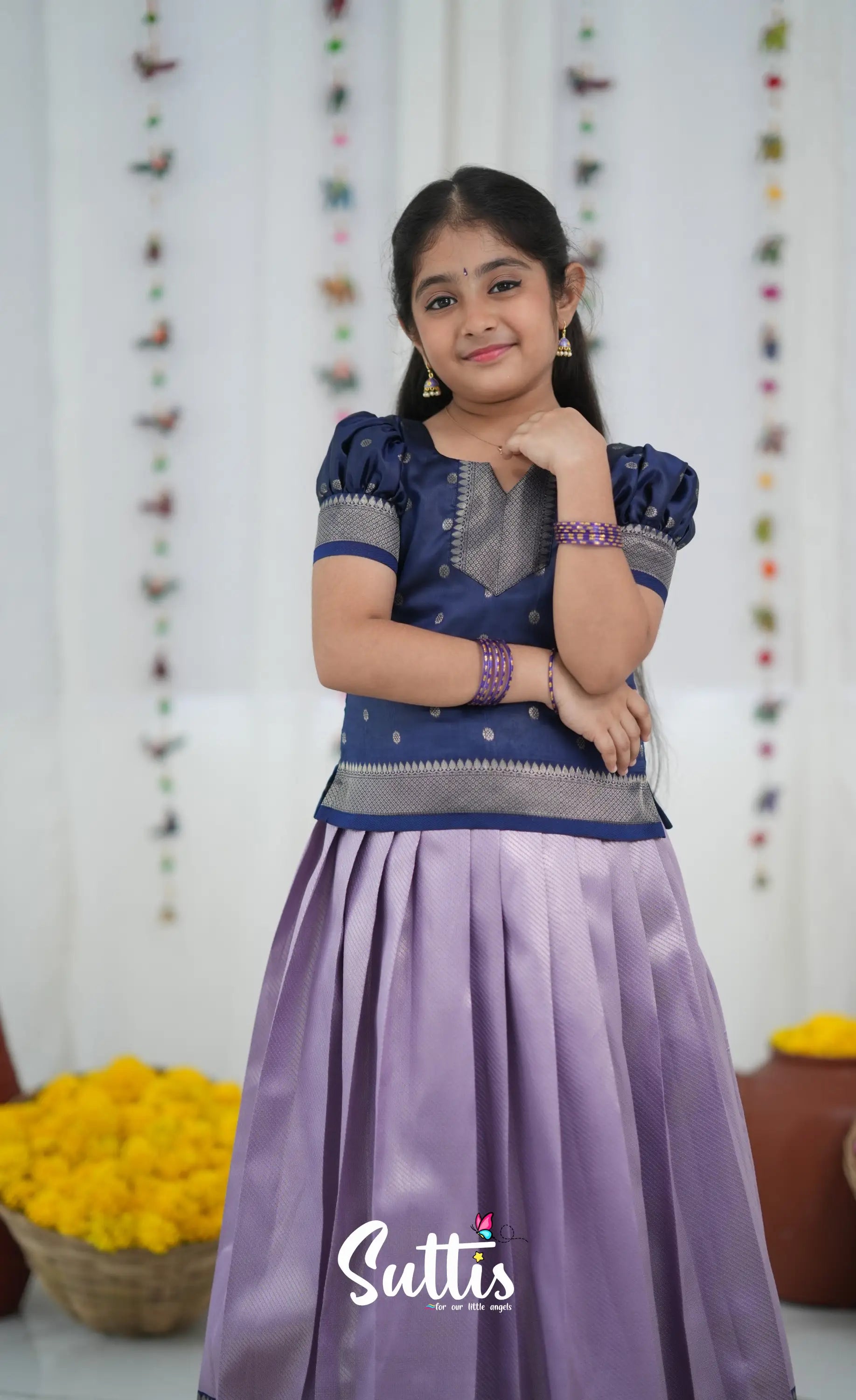 Blended Silk Pavadai Sattai Lavender and navy Blue Kids Suttis
