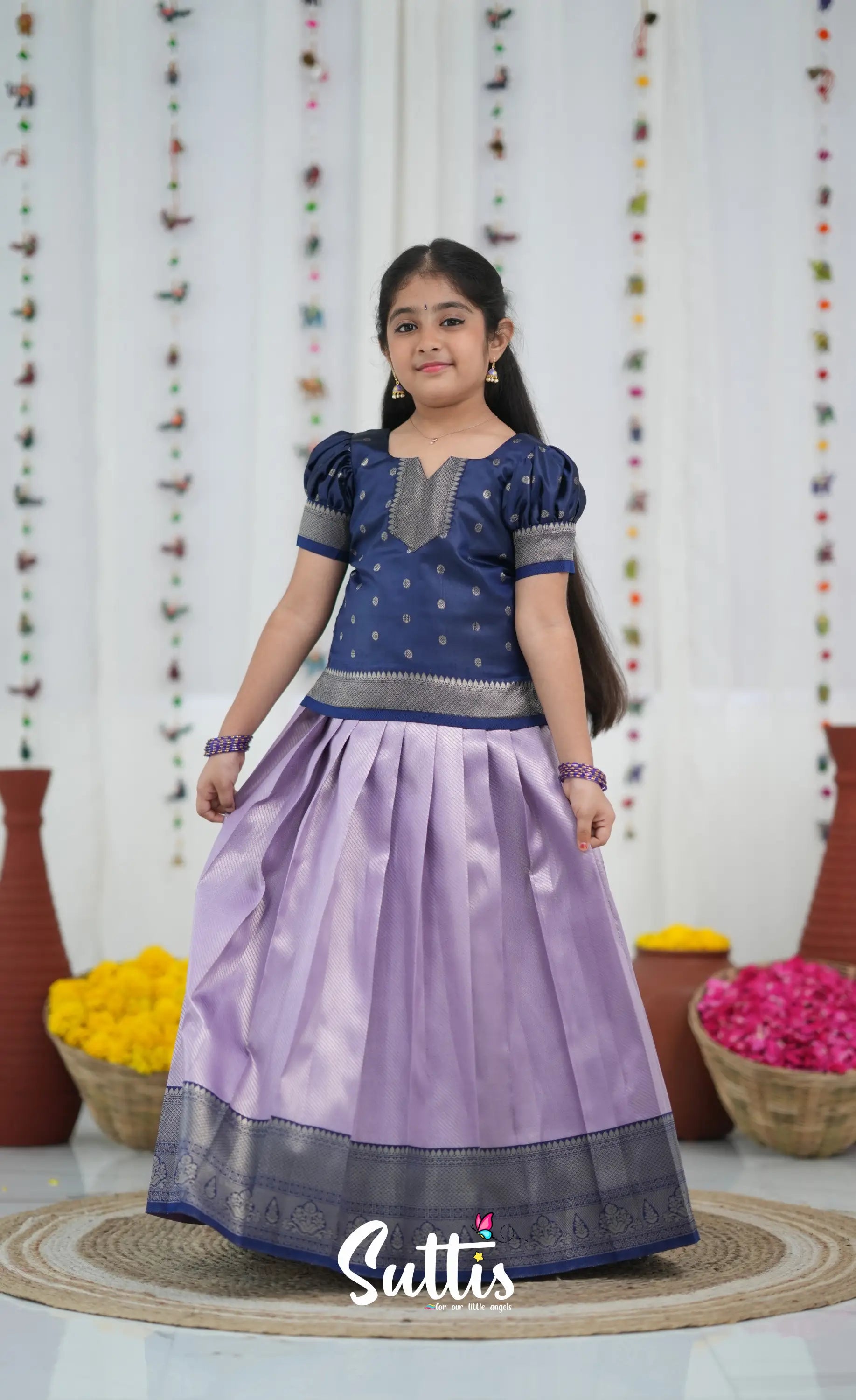 Blended Silk Pavadai Sattai Lavender and navy Blue Kids Suttis