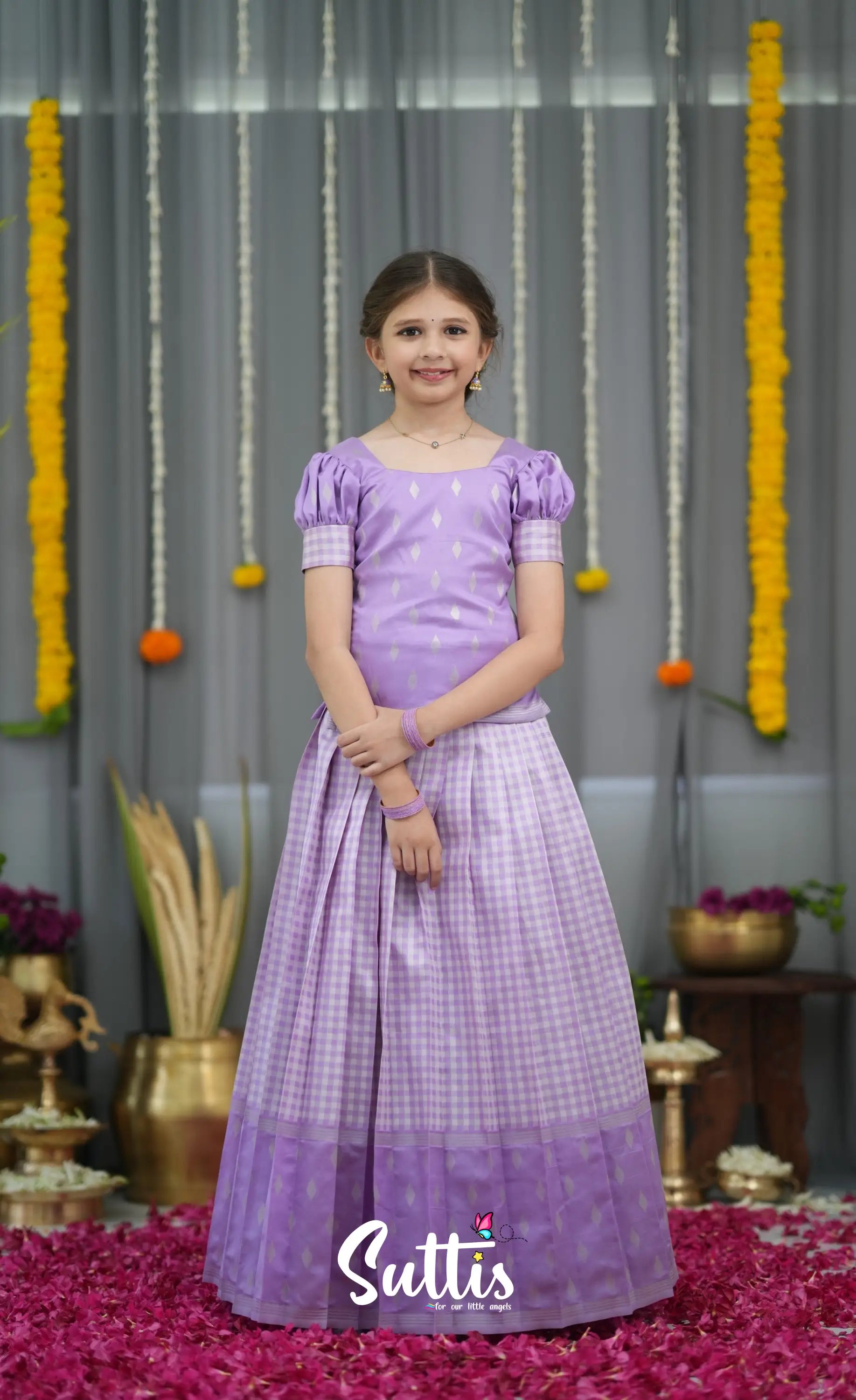 Blended Silk Pavadai Sattai - Lavender and White Kids-Suttis