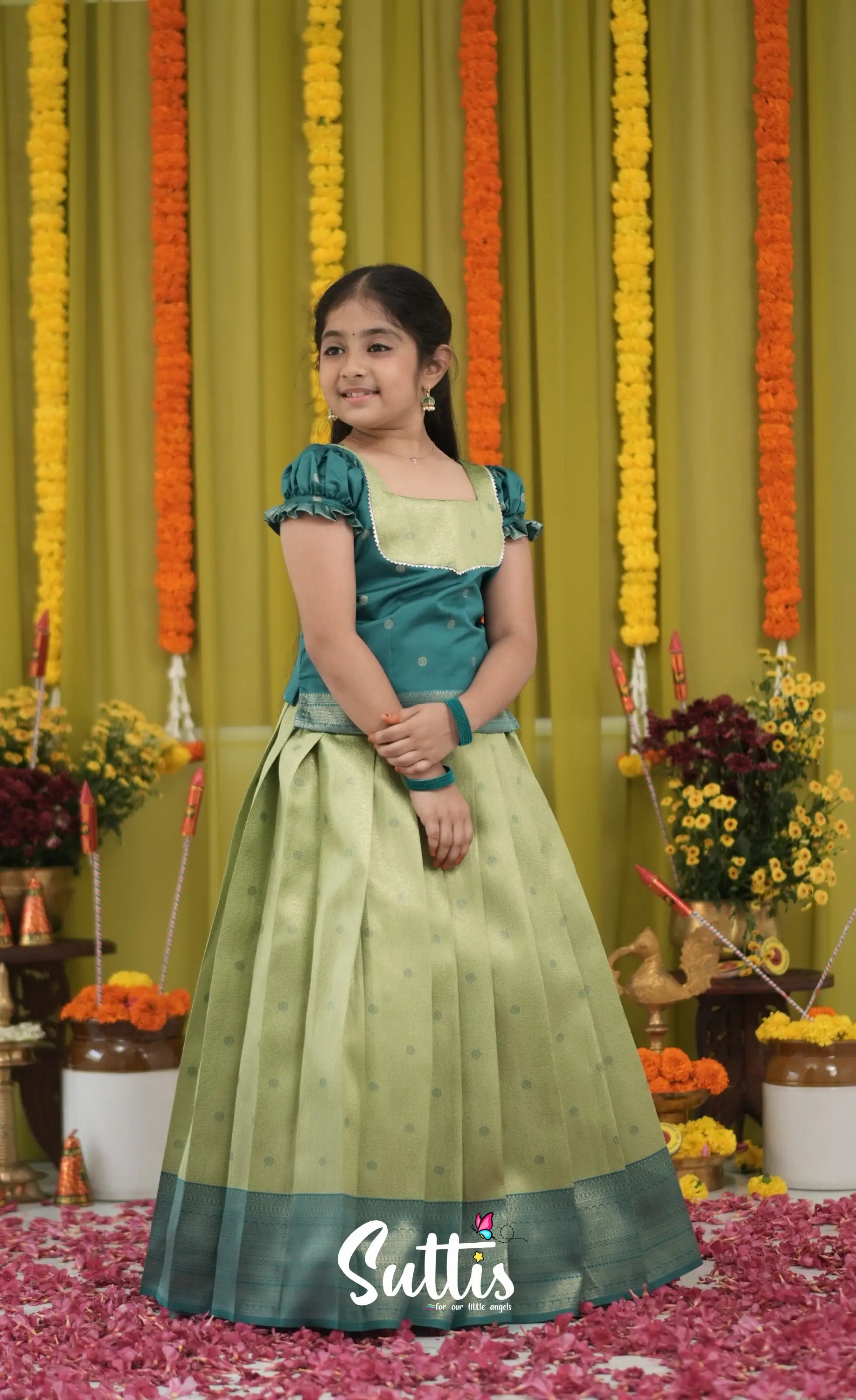 Blended Silk Pavadai Sattai - Light Green and Dark Green Kids-Suttis