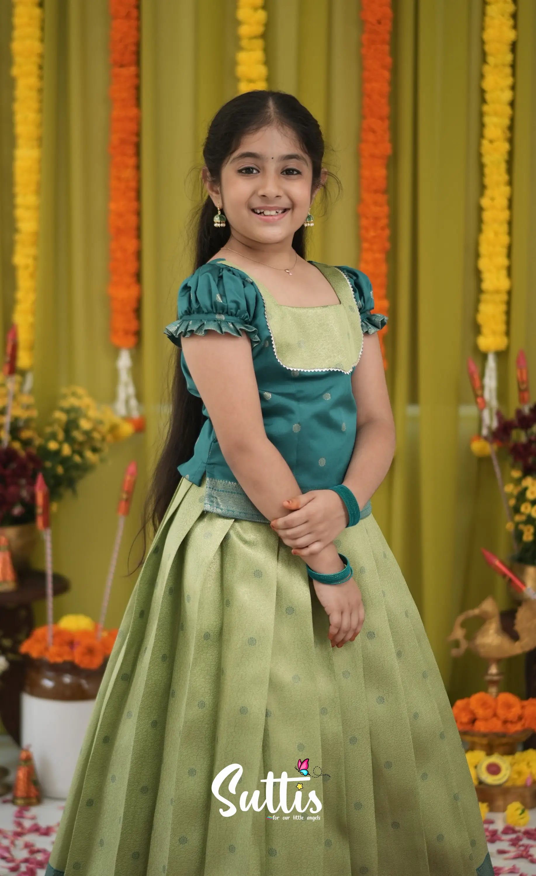 Blended Silk Pavadai Sattai - Light Green and Dark Green Kids-Suttis