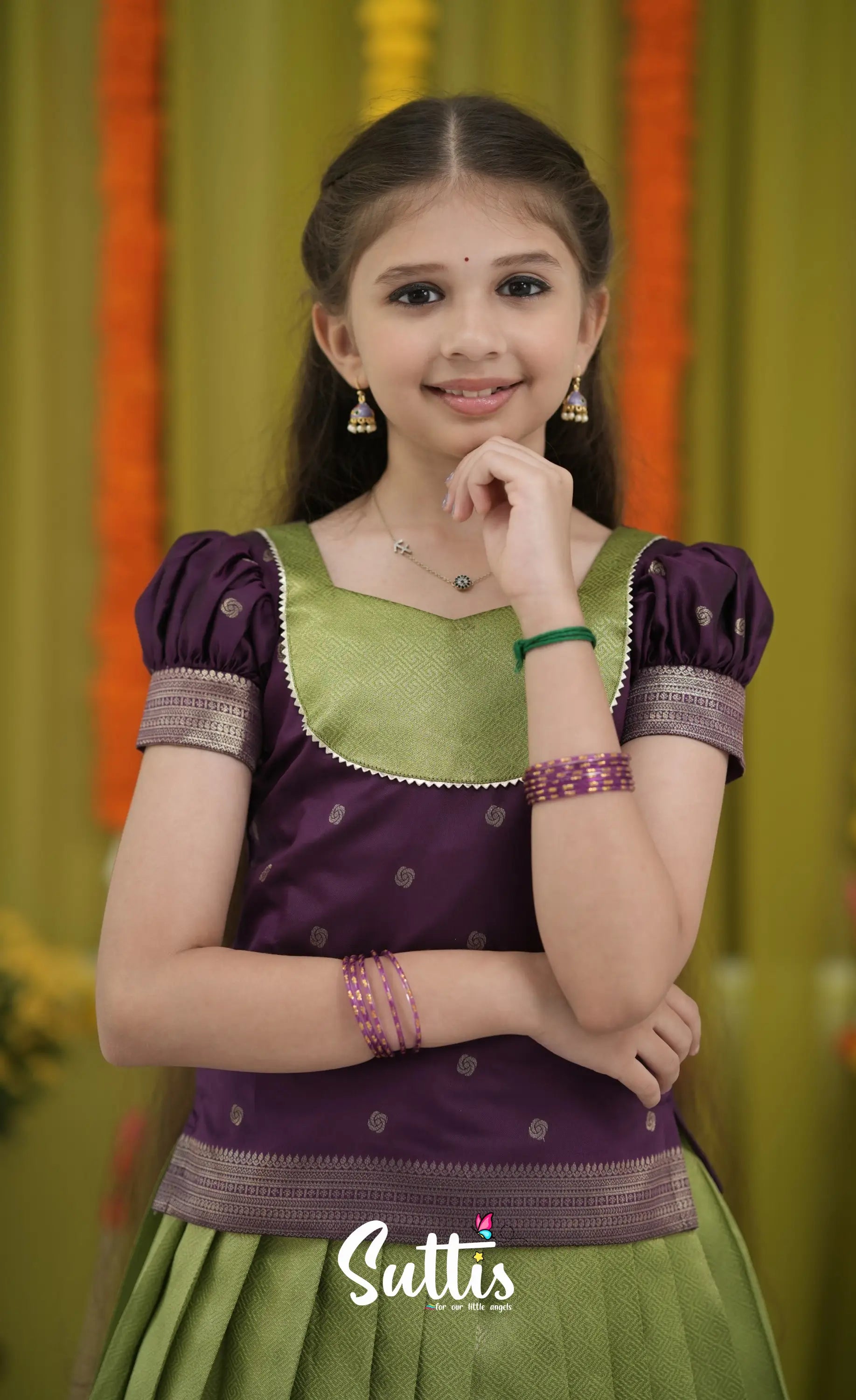 Blended Silk Pavadai Sattai - Light Green and Royal Purple Kids-Suttis