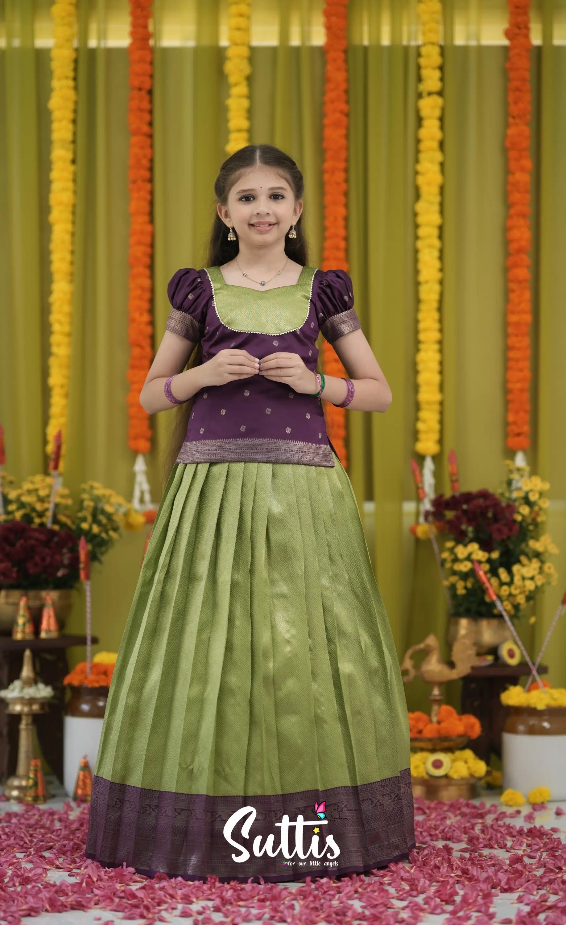 Blended Silk Pavadai Sattai - Light Green and Royal Purple Kids-Suttis