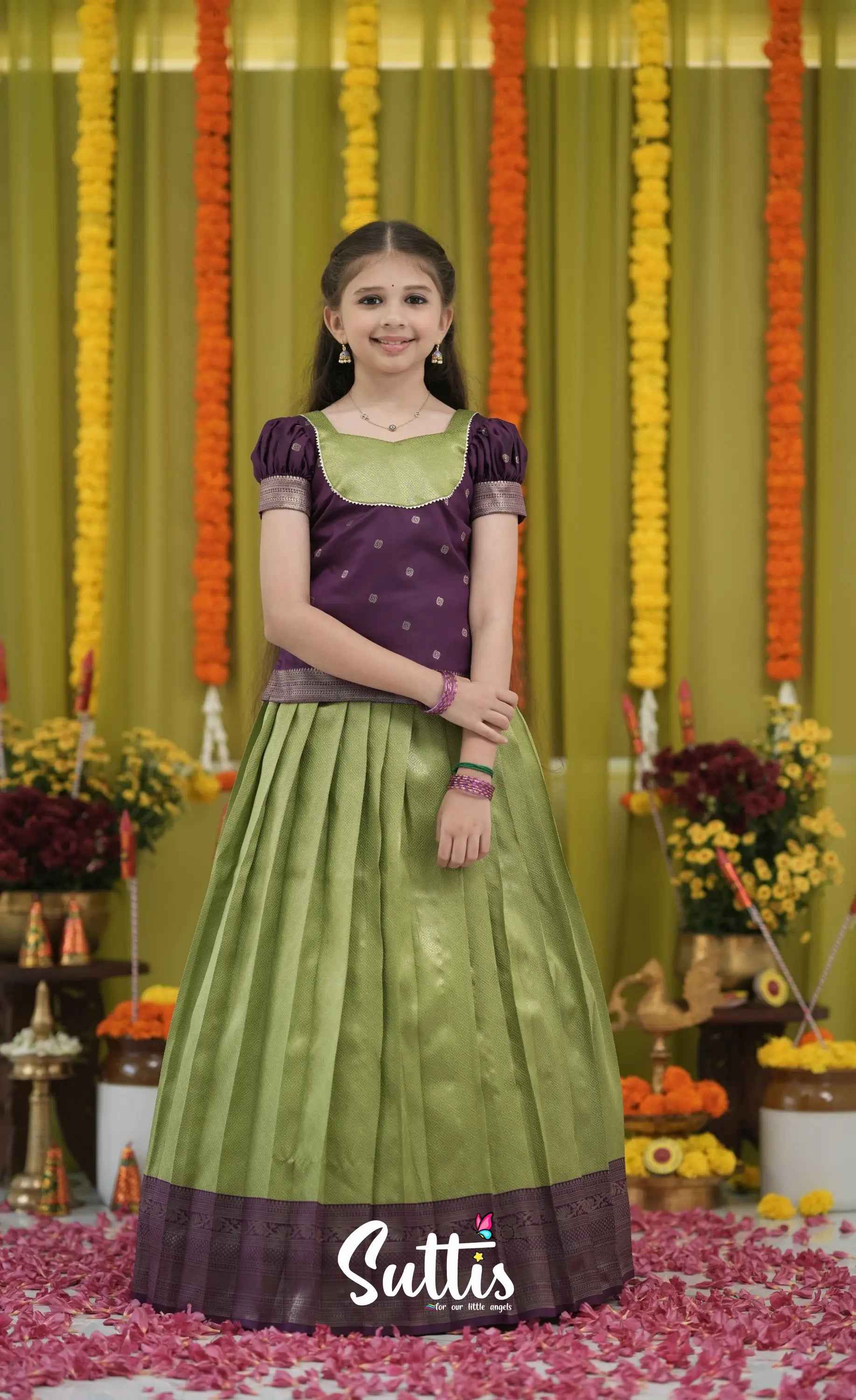 Blended Silk Pavadai Sattai - Light Green and Royal Purple Kids-Suttis