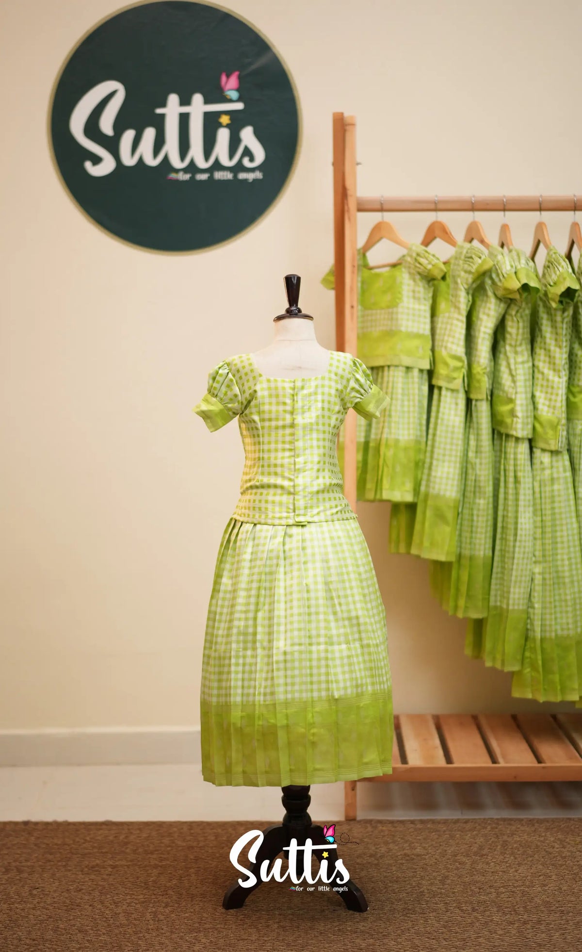 Blended Silk Pavadai Sattai - Light Green and White Checks - Kids-Suttis