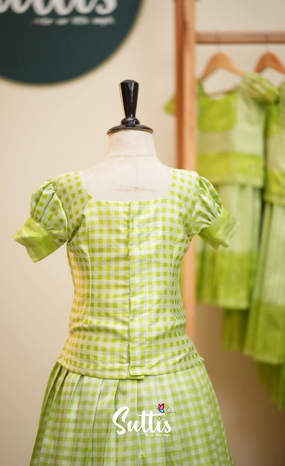 Blended Silk Pavadai Sattai - Light Green and White Checks - Kids-Suttis