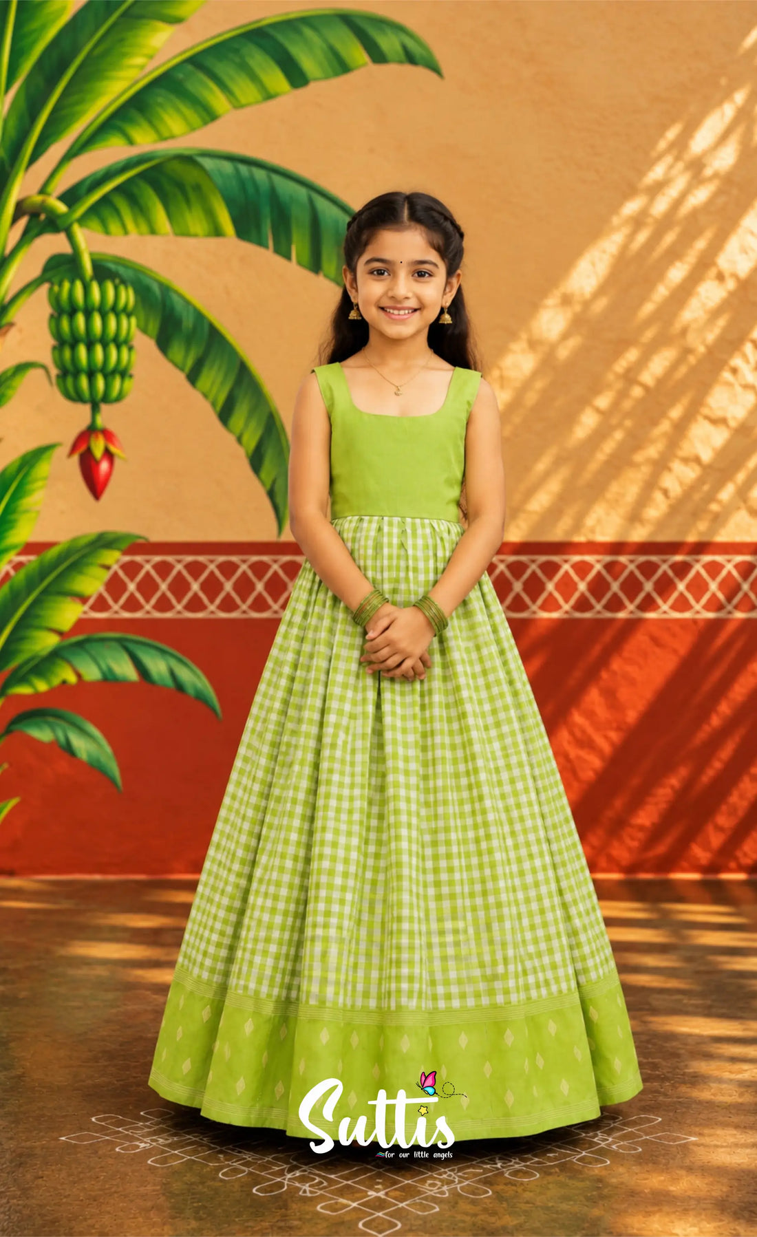 Blended Silk Pavadai Sattai - Light Green and White Checks - Kids-Suttis