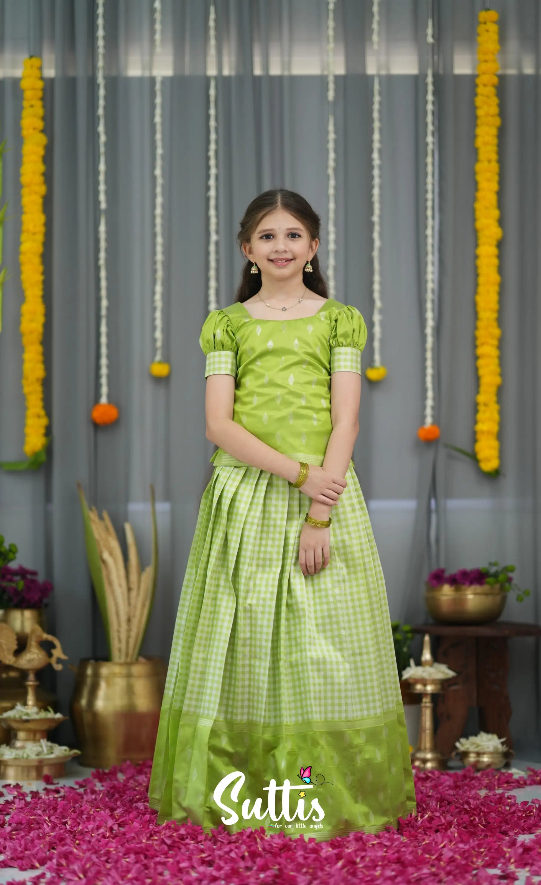Blended Silk Pavadai Sattai - Light Green and White Kids-Suttis
