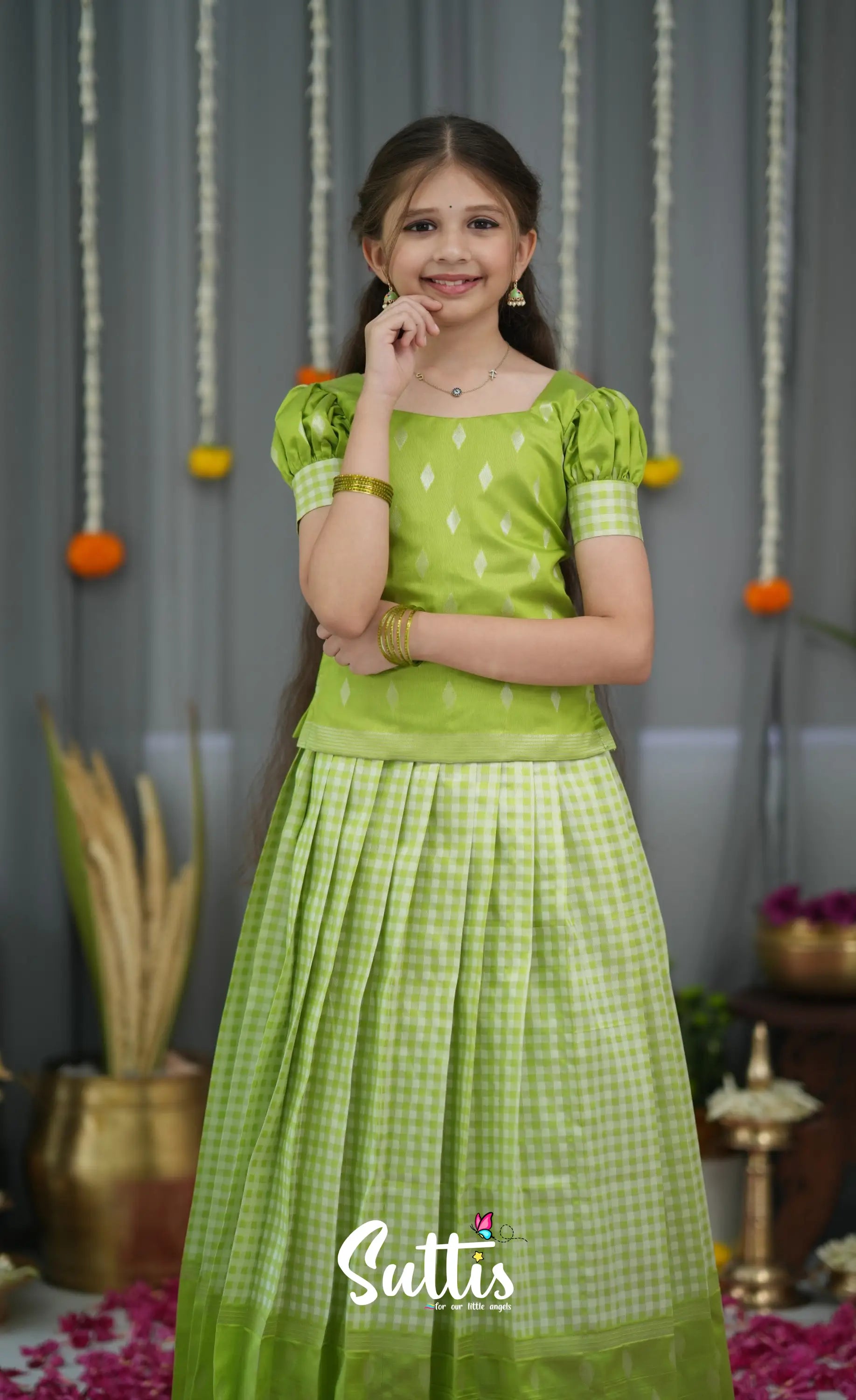 Blended Silk Pavadai Sattai - Light Green and White Kids-Suttis