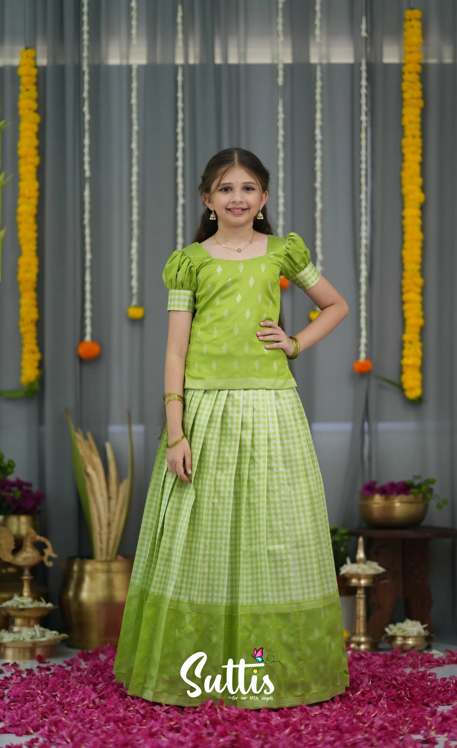 Blended Silk Pavadai Sattai - Light Green and White Kids-Suttis