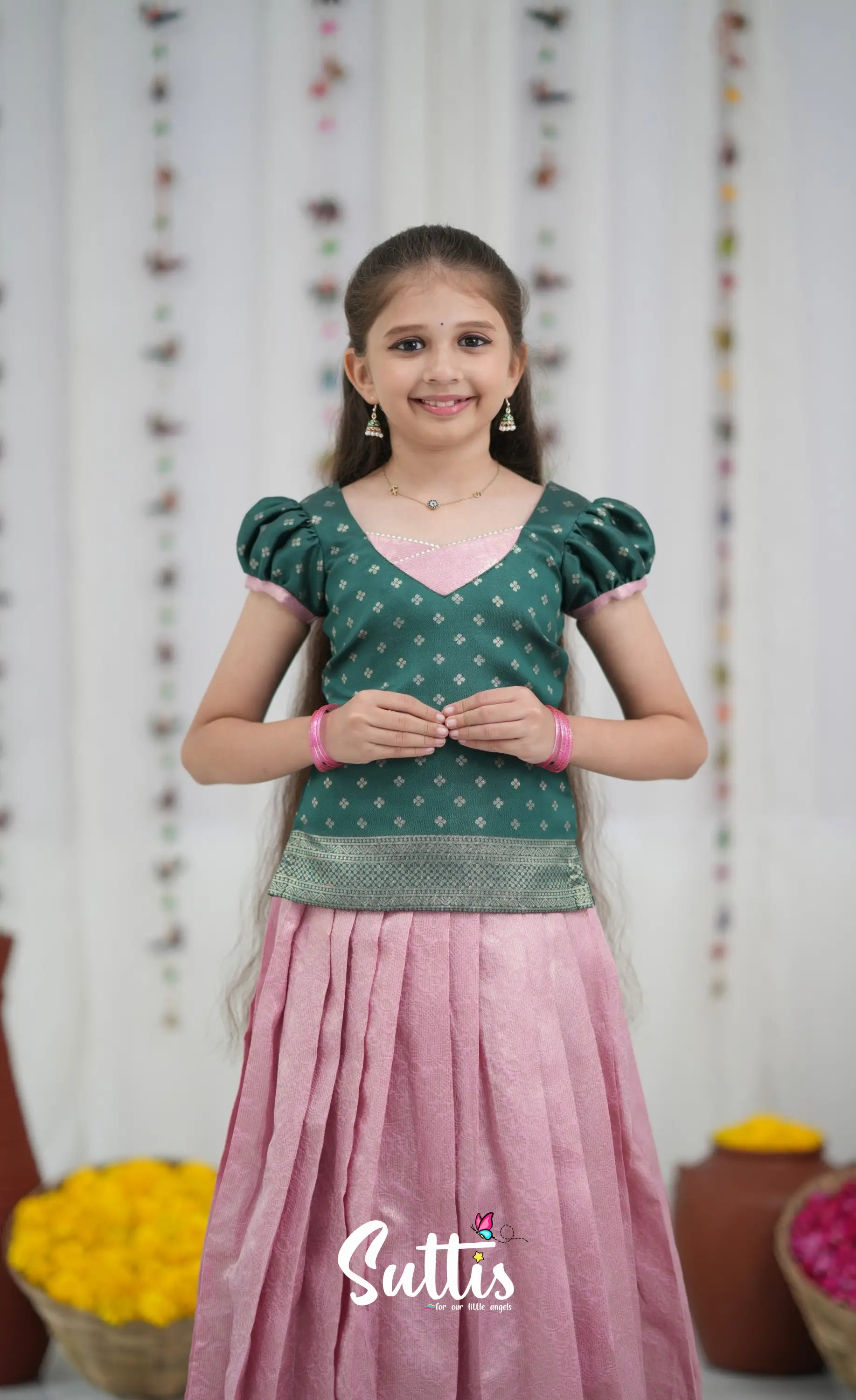 Blended Silk Pavadai Sattai Light Pink and Bottle Green Kids Suttis