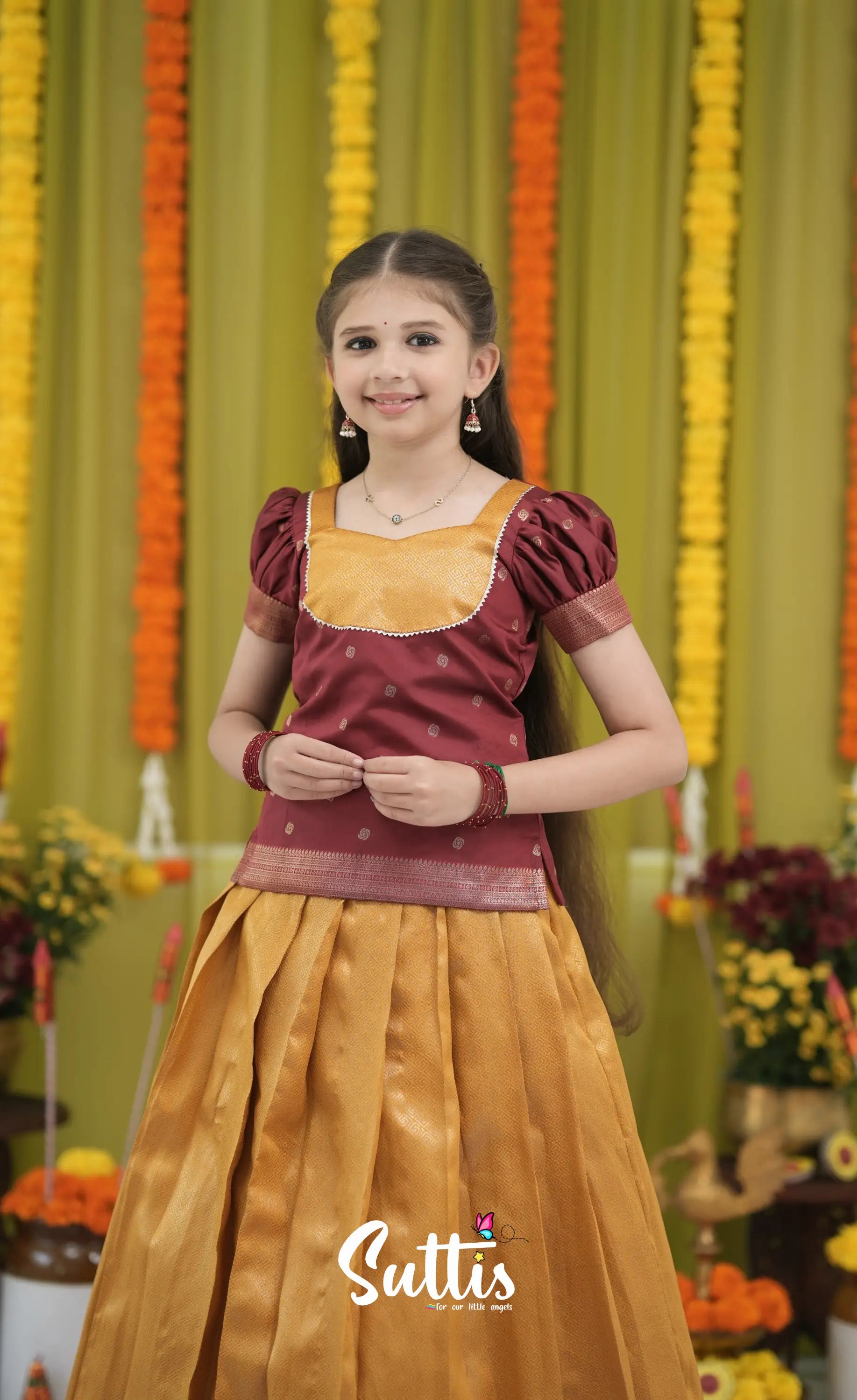Blended Silk Pavadai Sattai - Mustard Yellow and Maroon Kids-Suttis