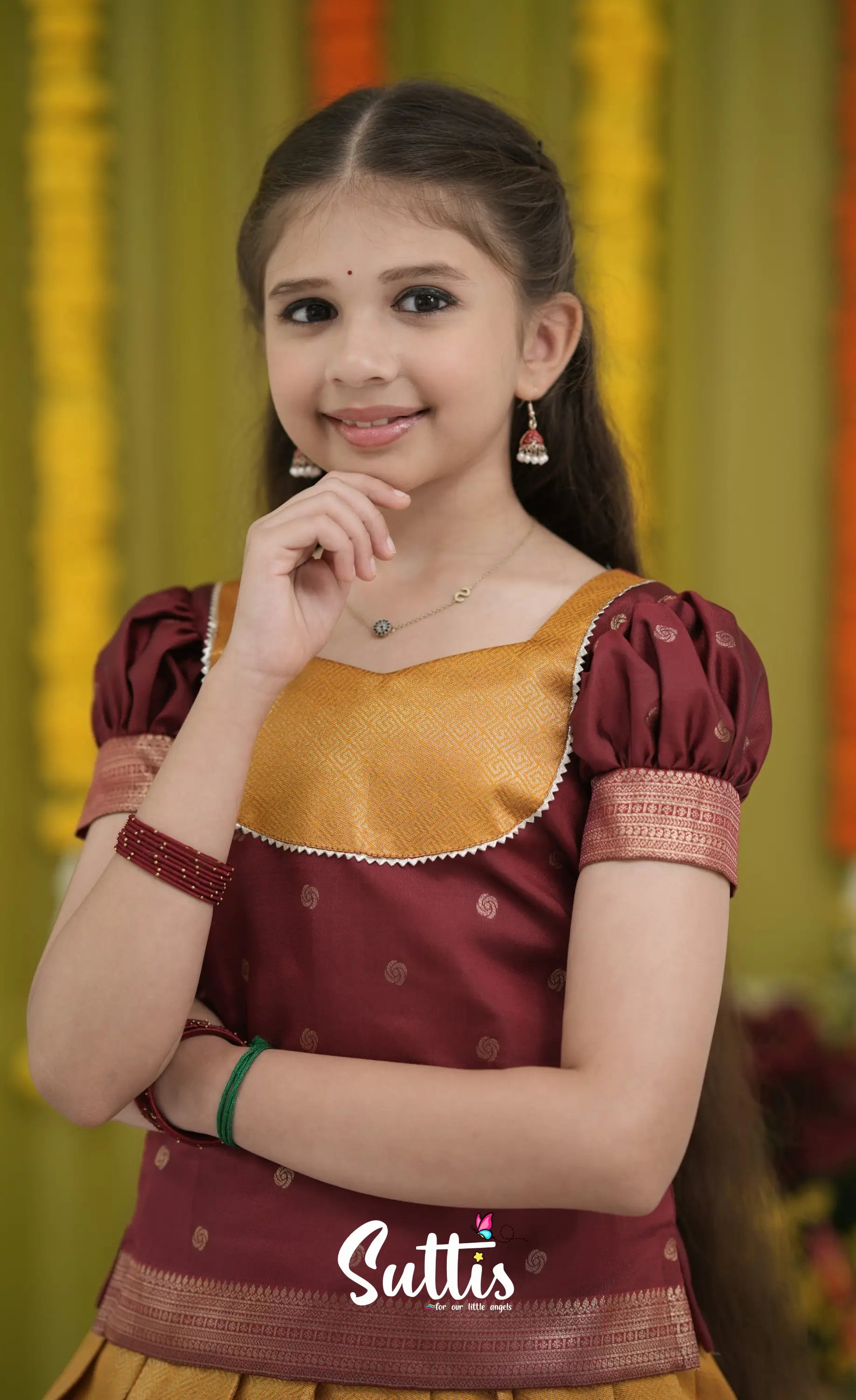 Blended Silk Pavadai Sattai - Mustard Yellow and Maroon Kids-Suttis
