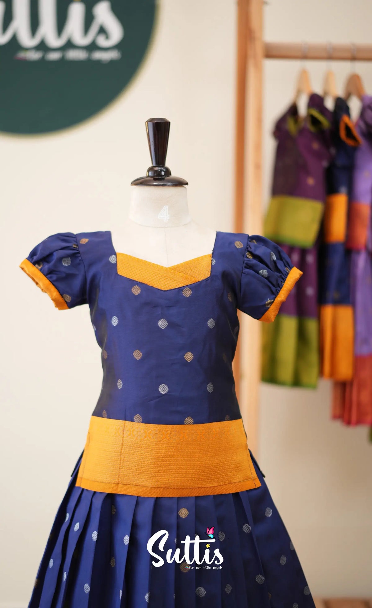 Blended Silk Pavadai Sattai - Navy Blue and Mustard - Kids-Suttis