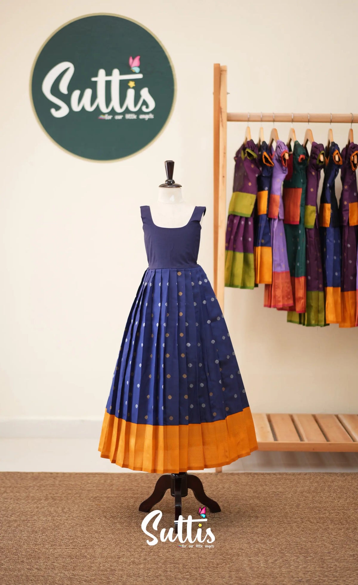 Blended Silk Pavadai Sattai - Navy Blue and Mustard - Kids-Suttis