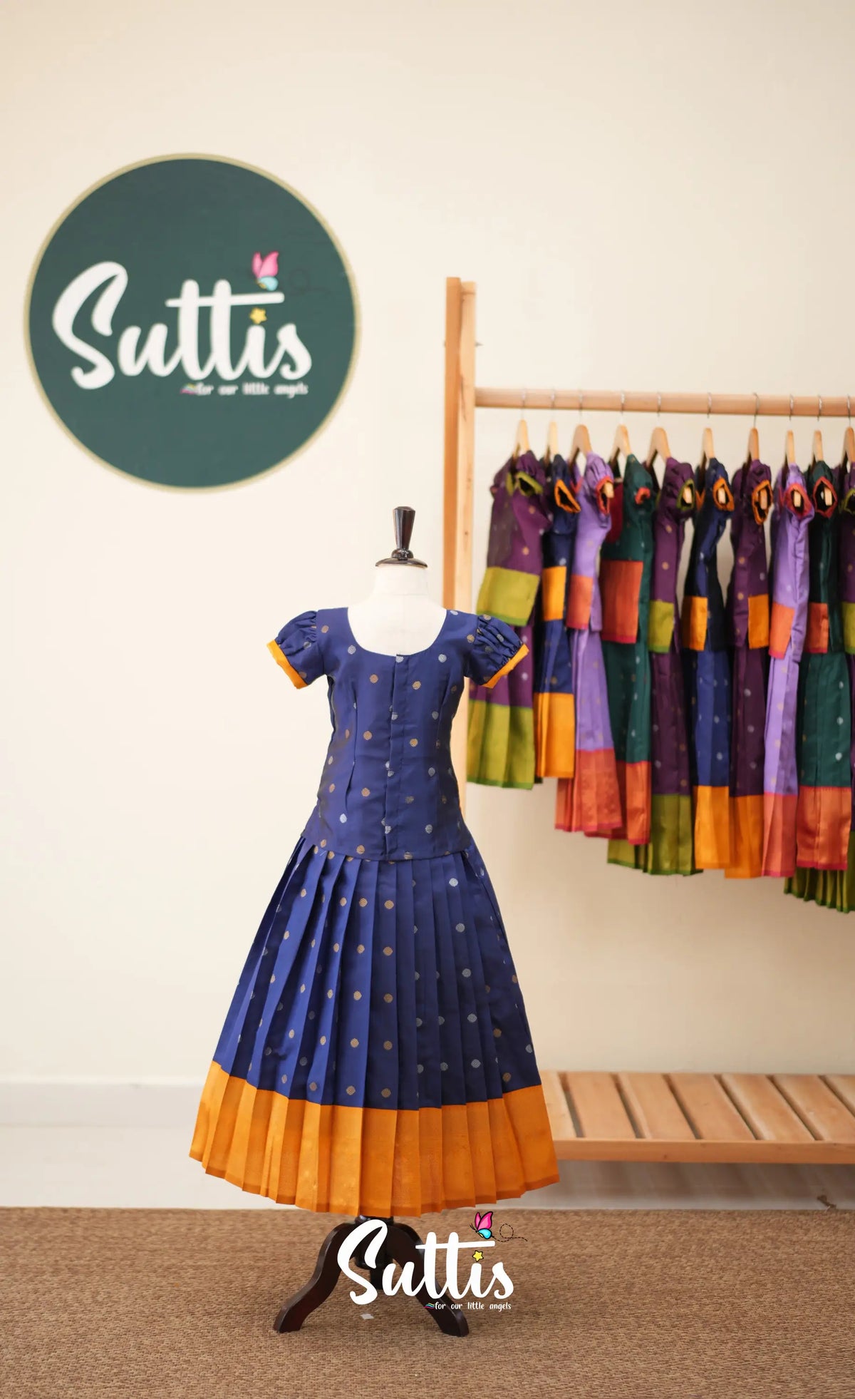 Blended Silk Pavadai Sattai - Navy Blue and Mustard - Kids-Suttis