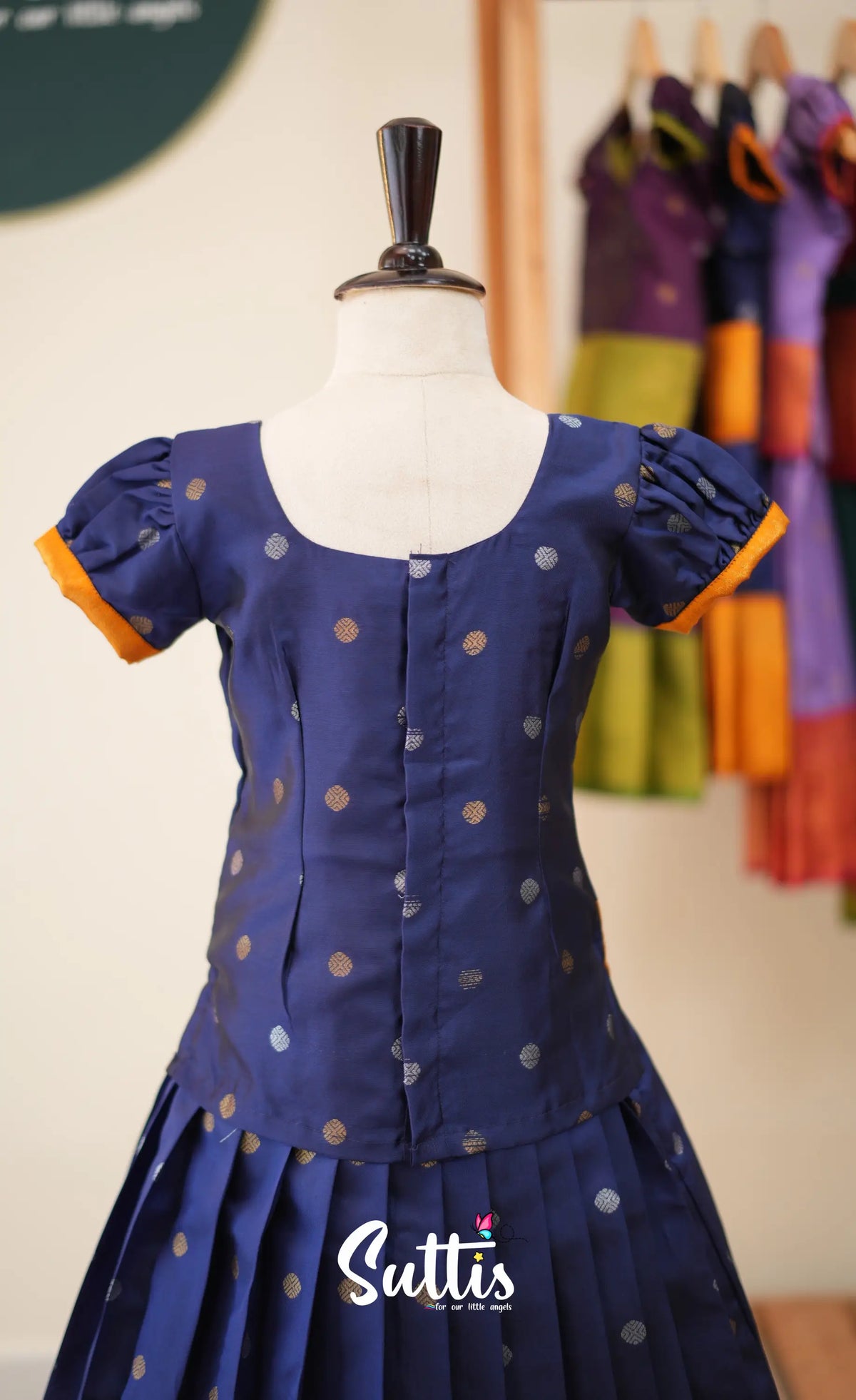 Blended Silk Pavadai Sattai - Navy Blue and Mustard - Kids-Suttis