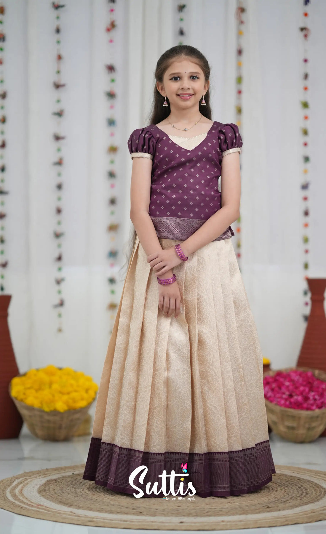 Blended Silk Pavadai Sattai Off white and Magentaish Purple Kids Suttis