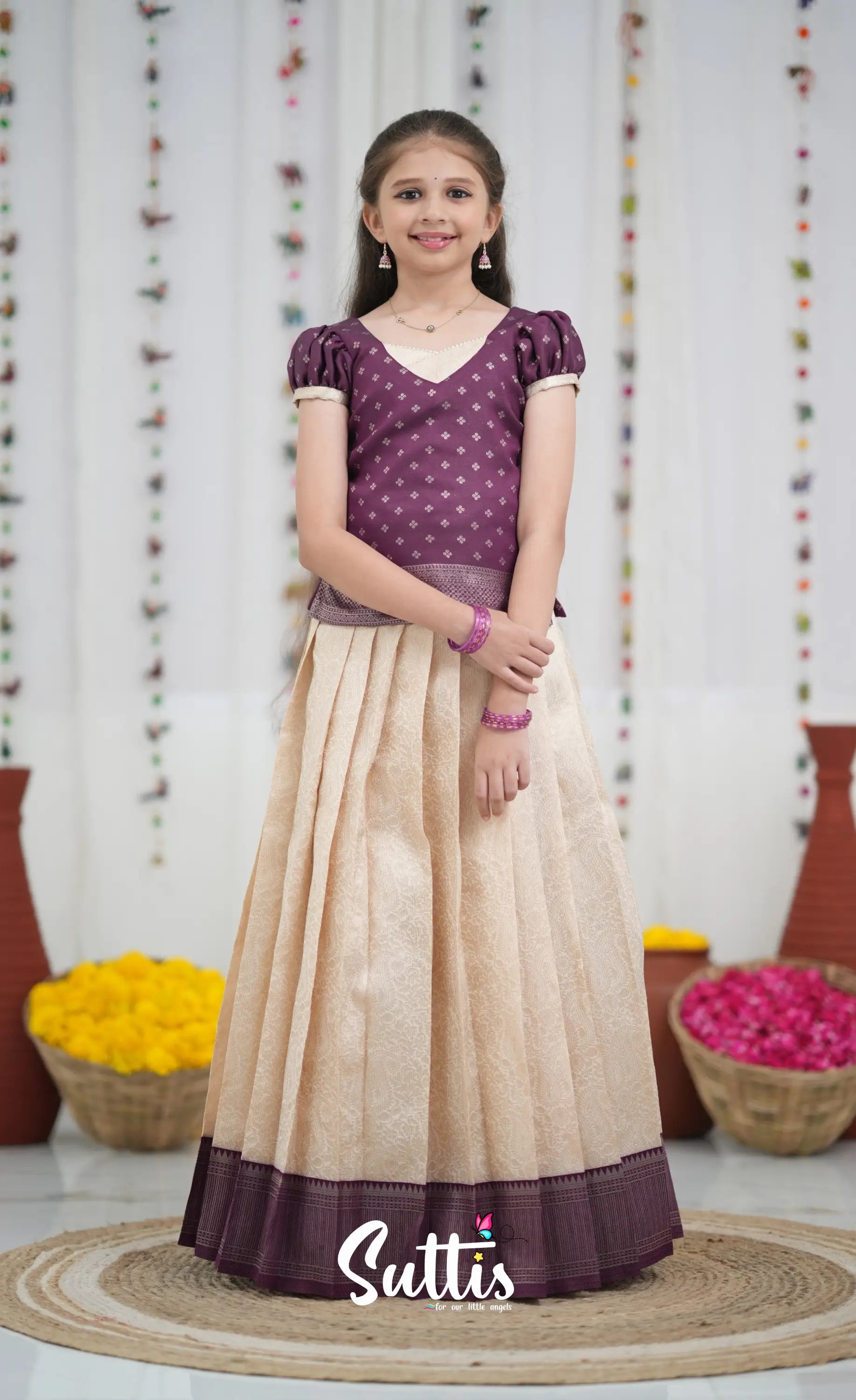 Blended Silk Pavadai Sattai Off white and Magentaish Purple Kids Suttis
