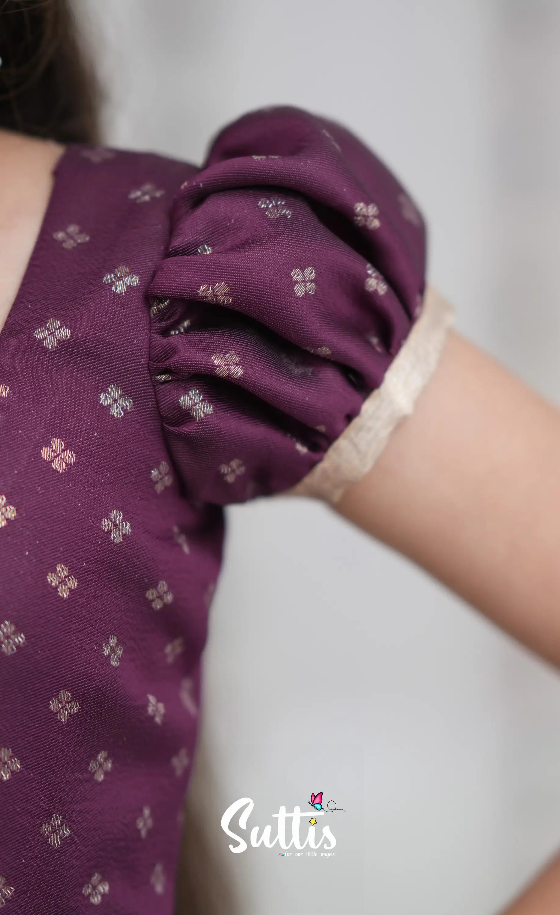 Blended Silk Pavadai Sattai Off white and Magentaish Purple Kids Suttis