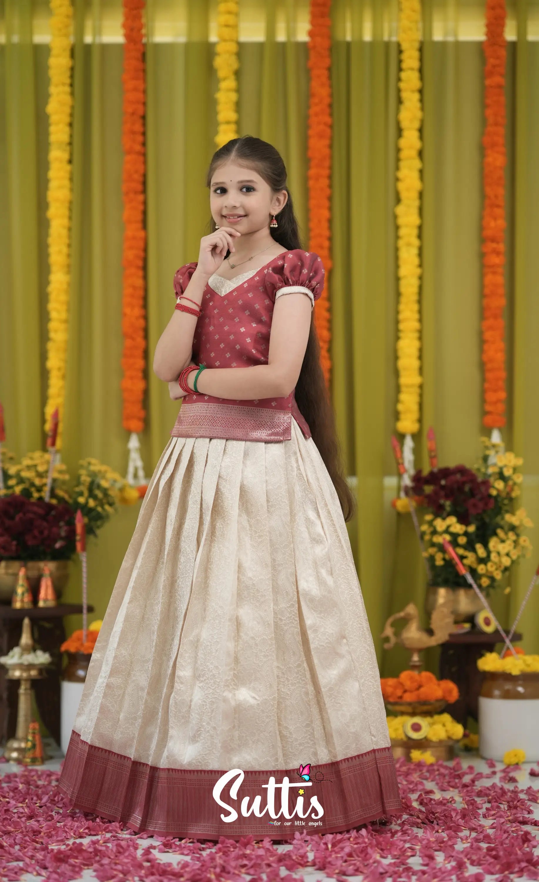 Blended Silk Pavadai Sattai - Off white and Red Kids-Suttis