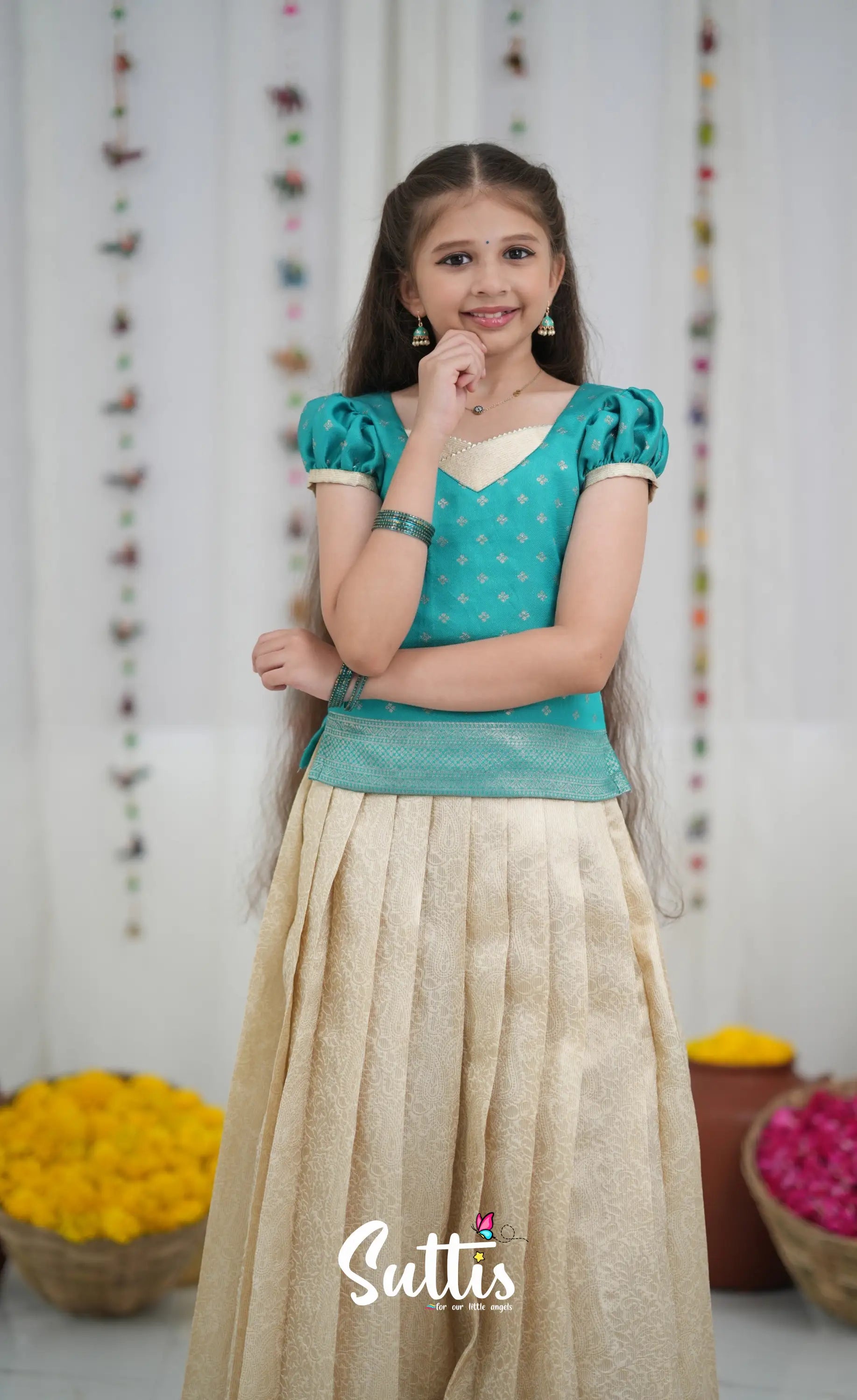 Blended Silk Pavadai Sattai Off white and Teal Kids Suttis