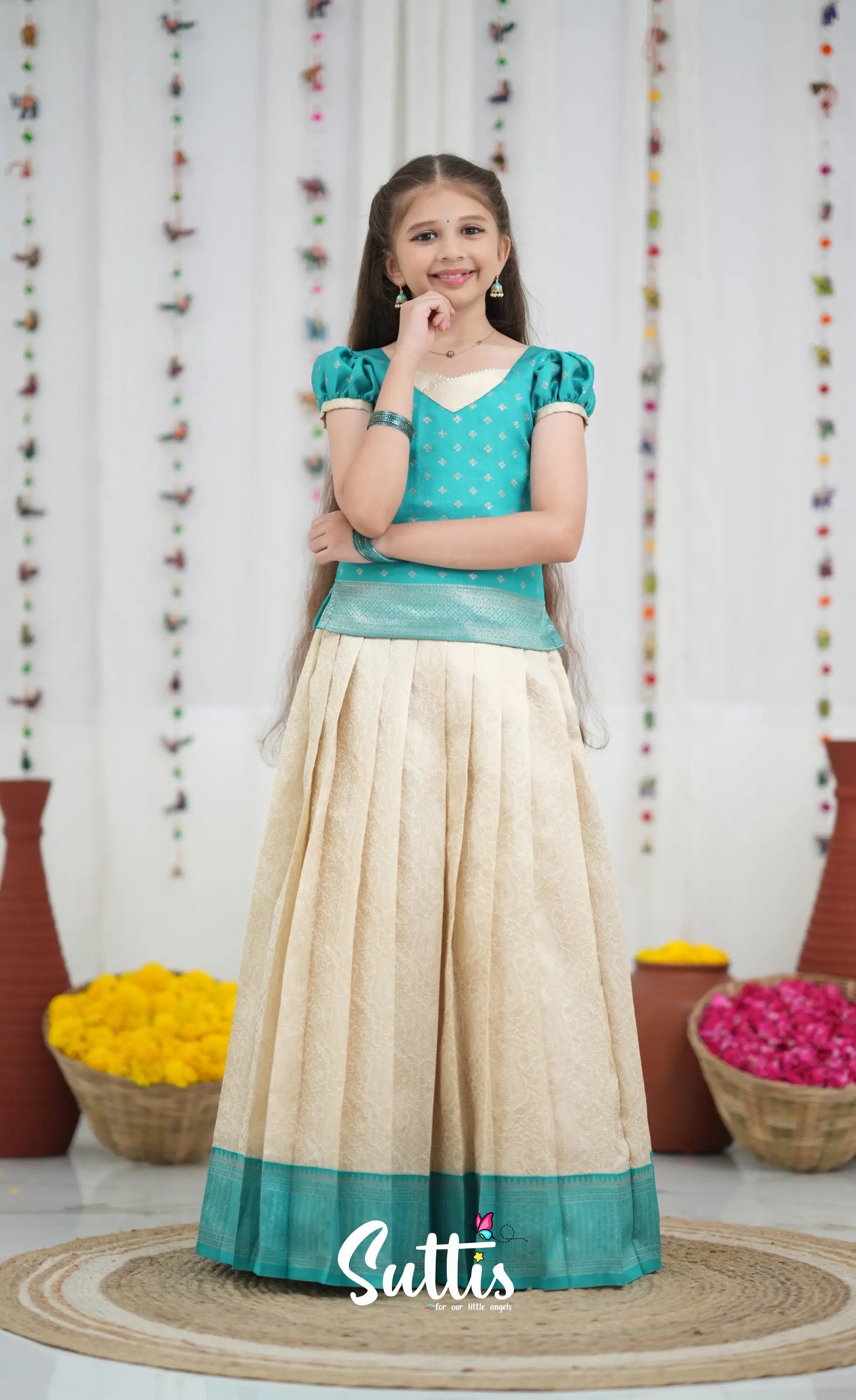 Blended Silk Pavadai Sattai Off white and Teal Kids Suttis