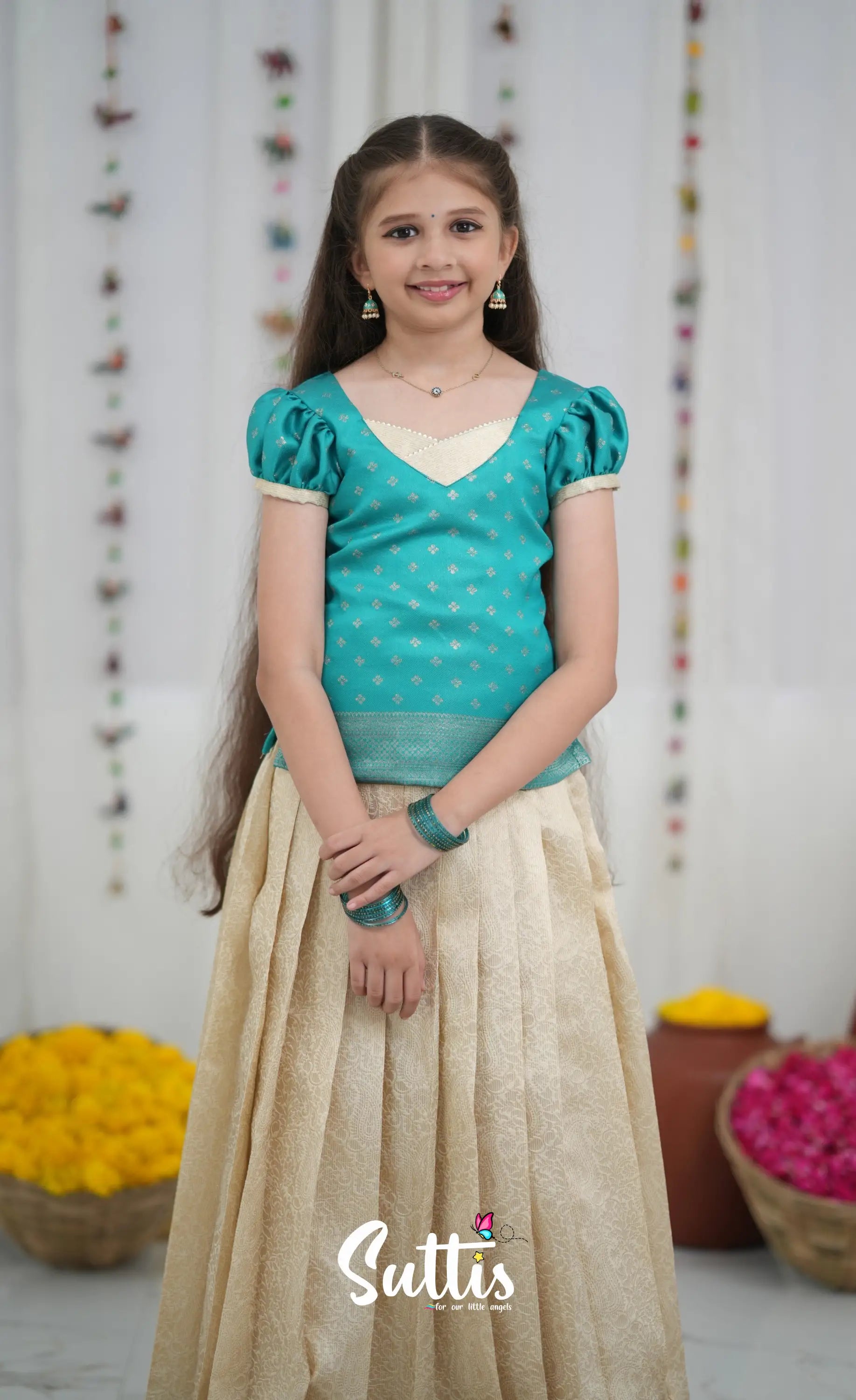 Blended Silk Pavadai Sattai Off white and Teal Kids Suttis