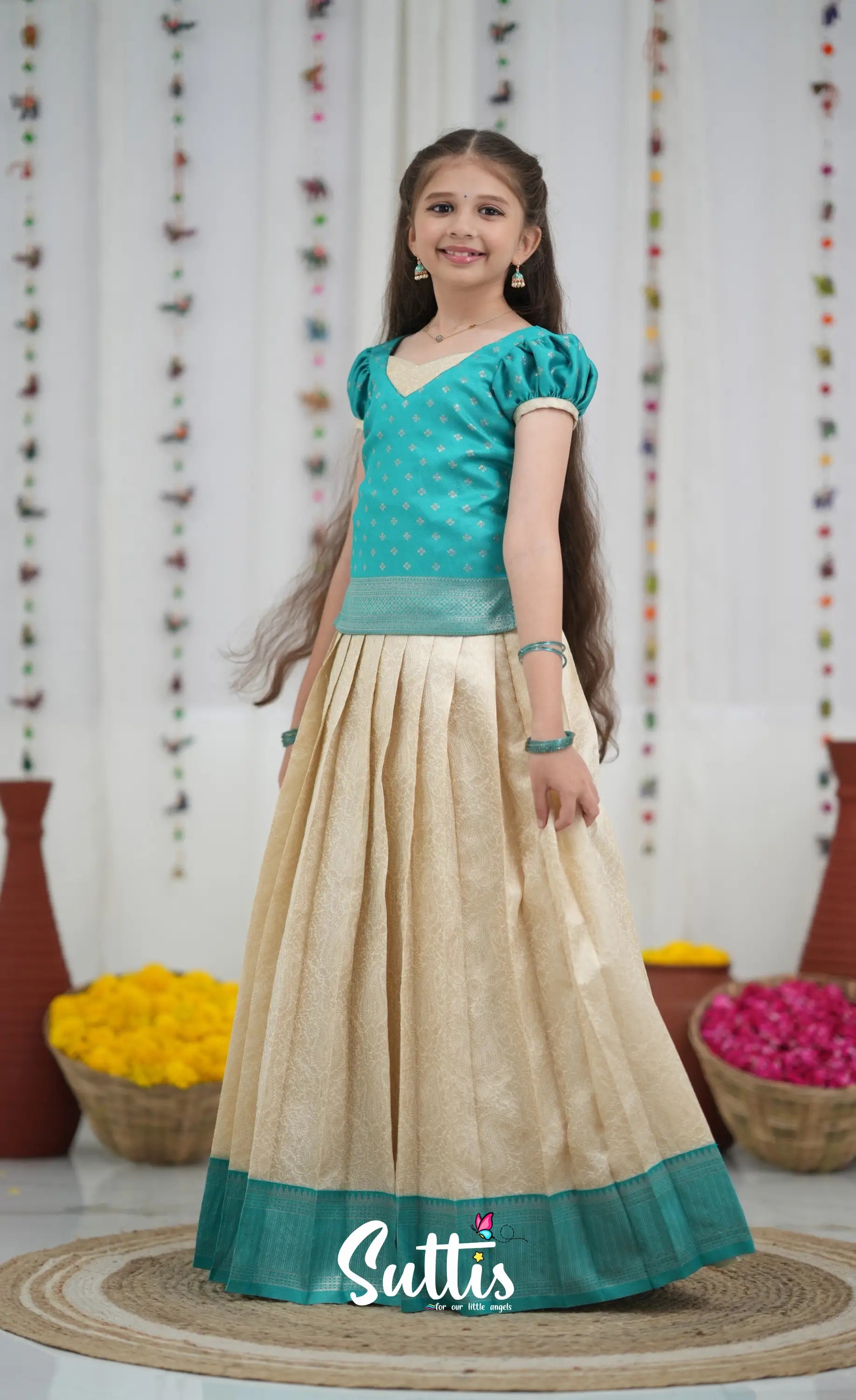 Blended Silk Pavadai Sattai Off white and Teal Kids Suttis