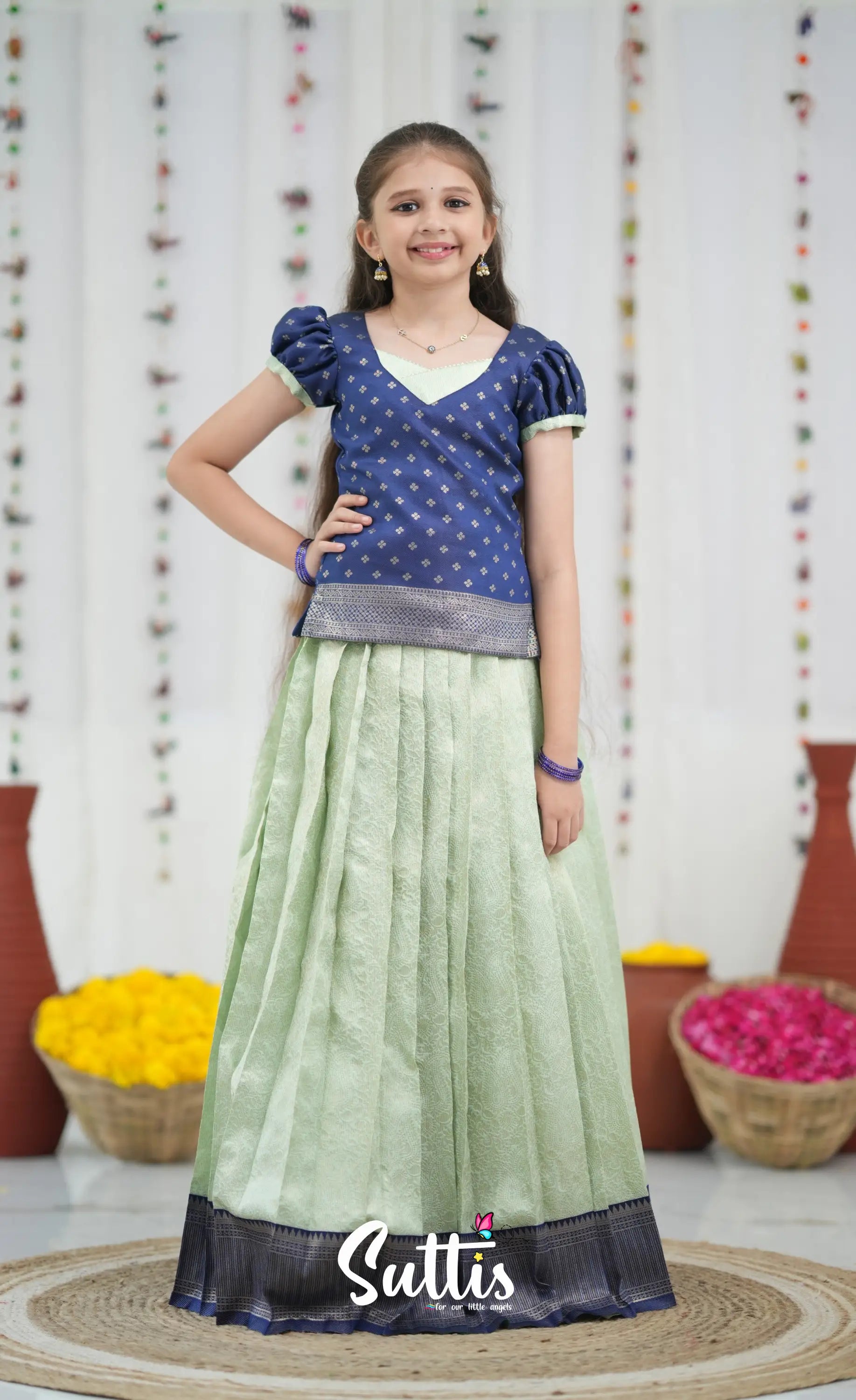 Blended Silk Pavadai Sattai Pastel Blue and Dark Blue Kids Suttis
