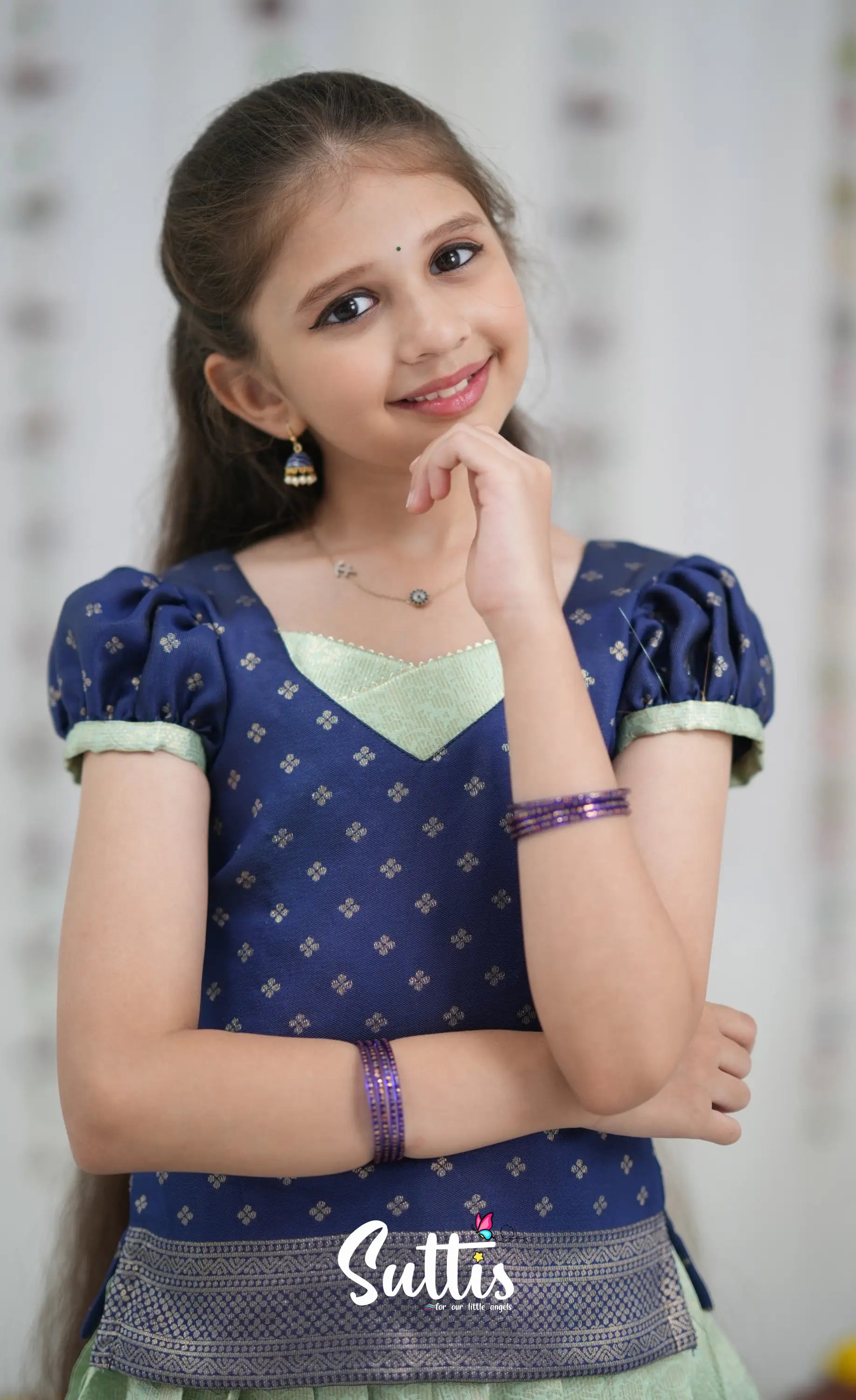 Blended Silk Pavadai Sattai Pastel Blue and Dark Blue Kids Suttis