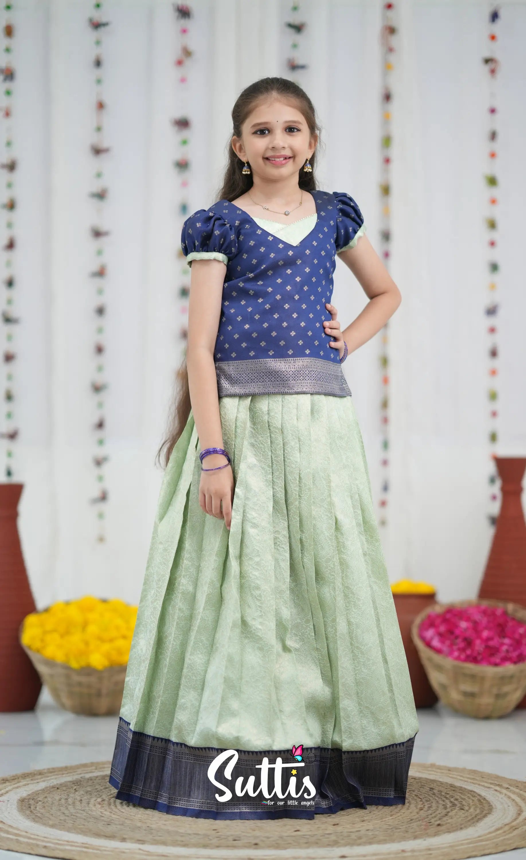 Blended Silk Pavadai Sattai Pastel Blue and Dark Blue Kids Suttis