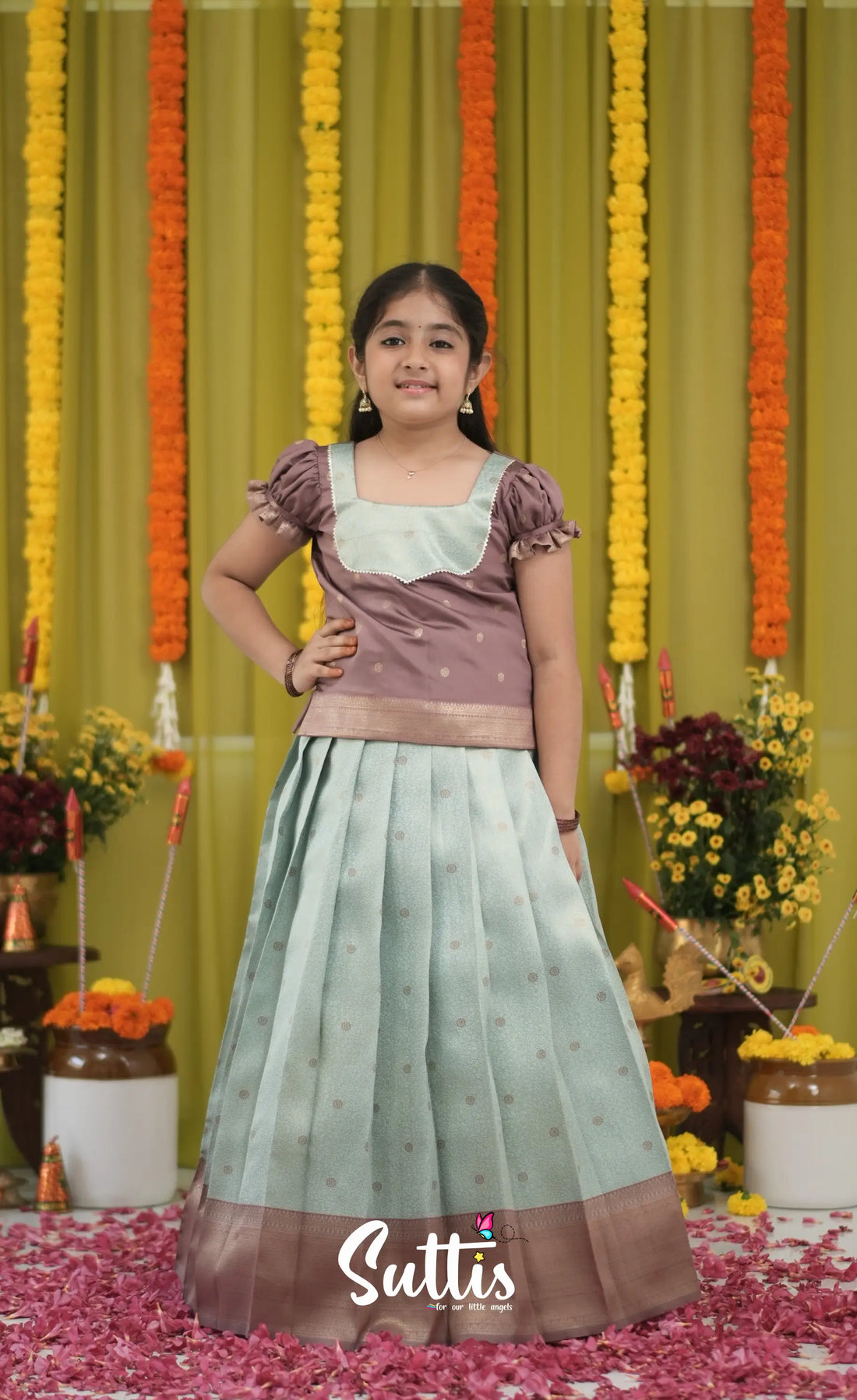Blended Silk Pavadai Sattai - Pastel Blue and Light Brownish Beige Kids-Suttis
