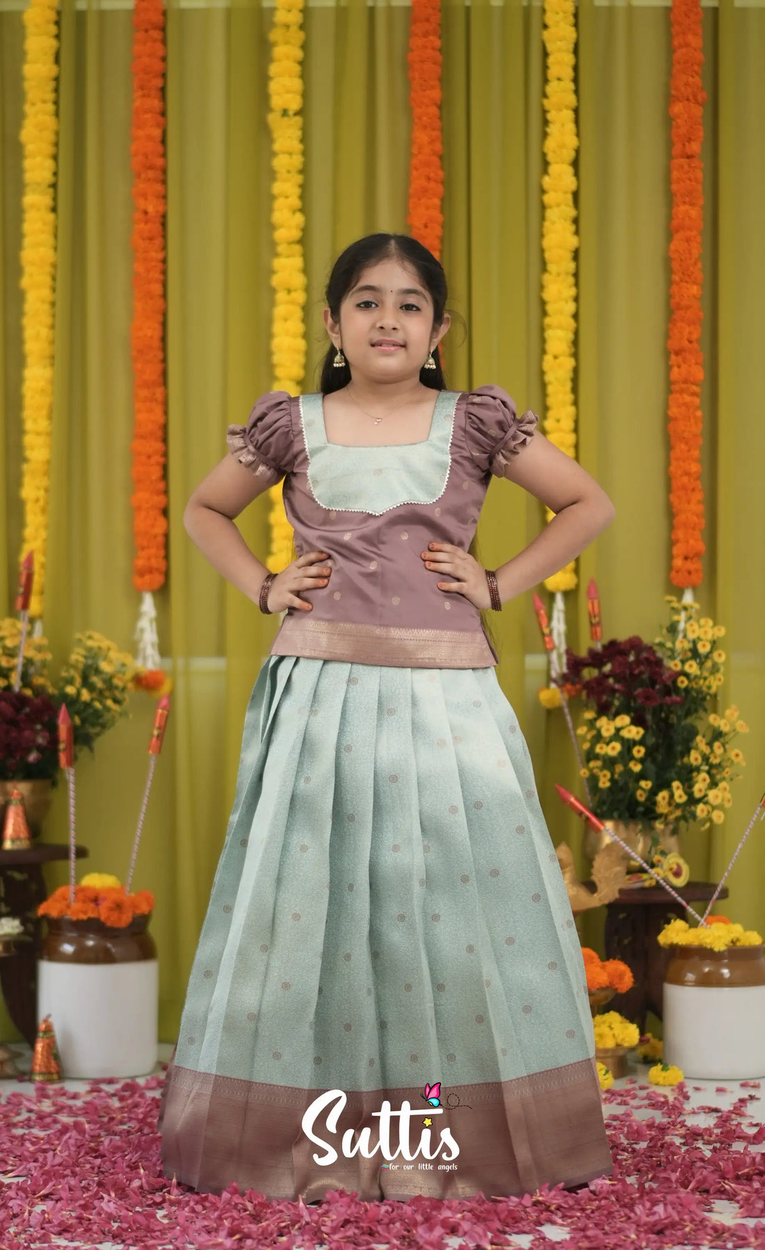 Blended Silk Pavadai Sattai - Pastel Blue and Light Brownish Beige Kids-Suttis