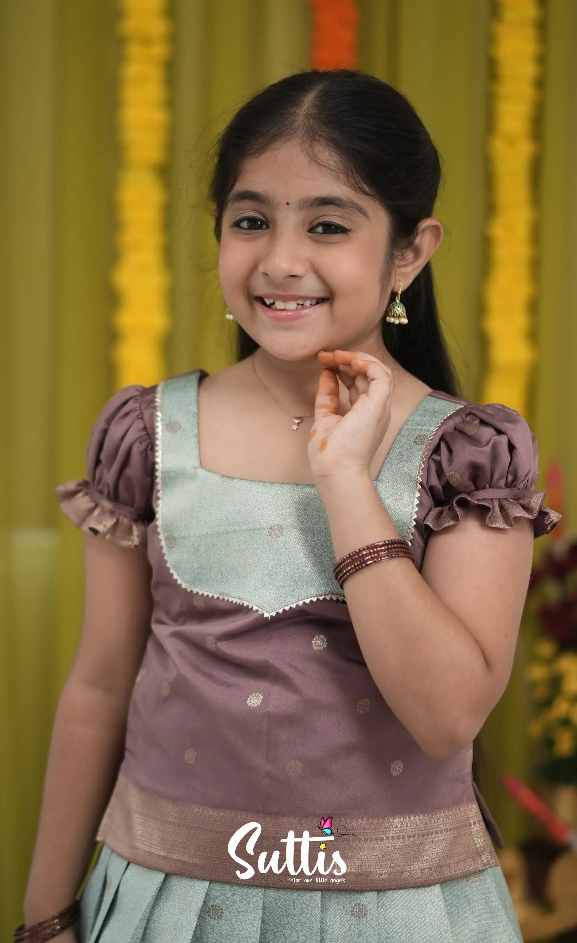 Blended Silk Pavadai Sattai - Pastel Blue and Light Brownish Beige Kids-Suttis