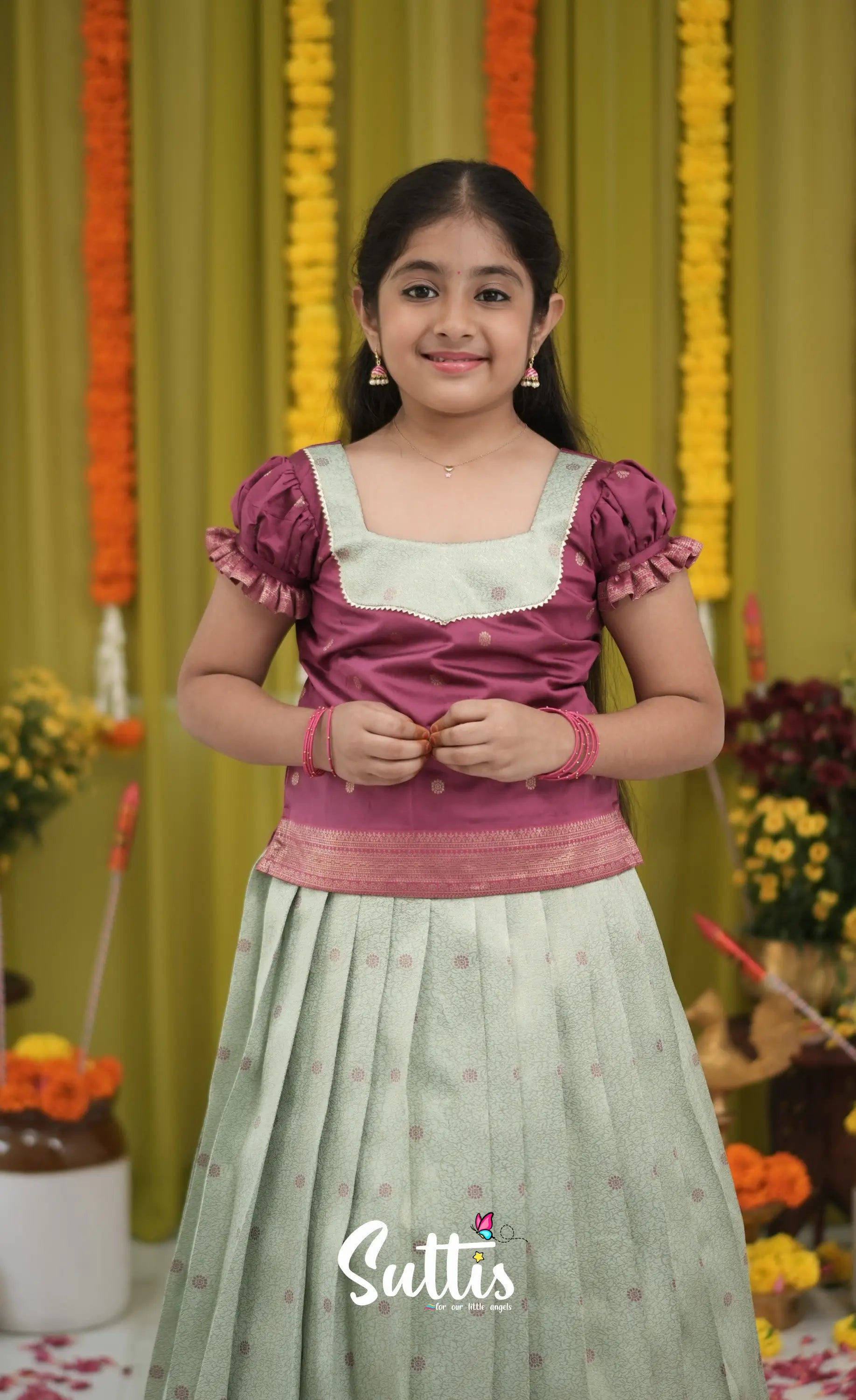 Blended Silk Pavadai Sattai - Pastel Blue and Magenta Pink Kids-Suttis