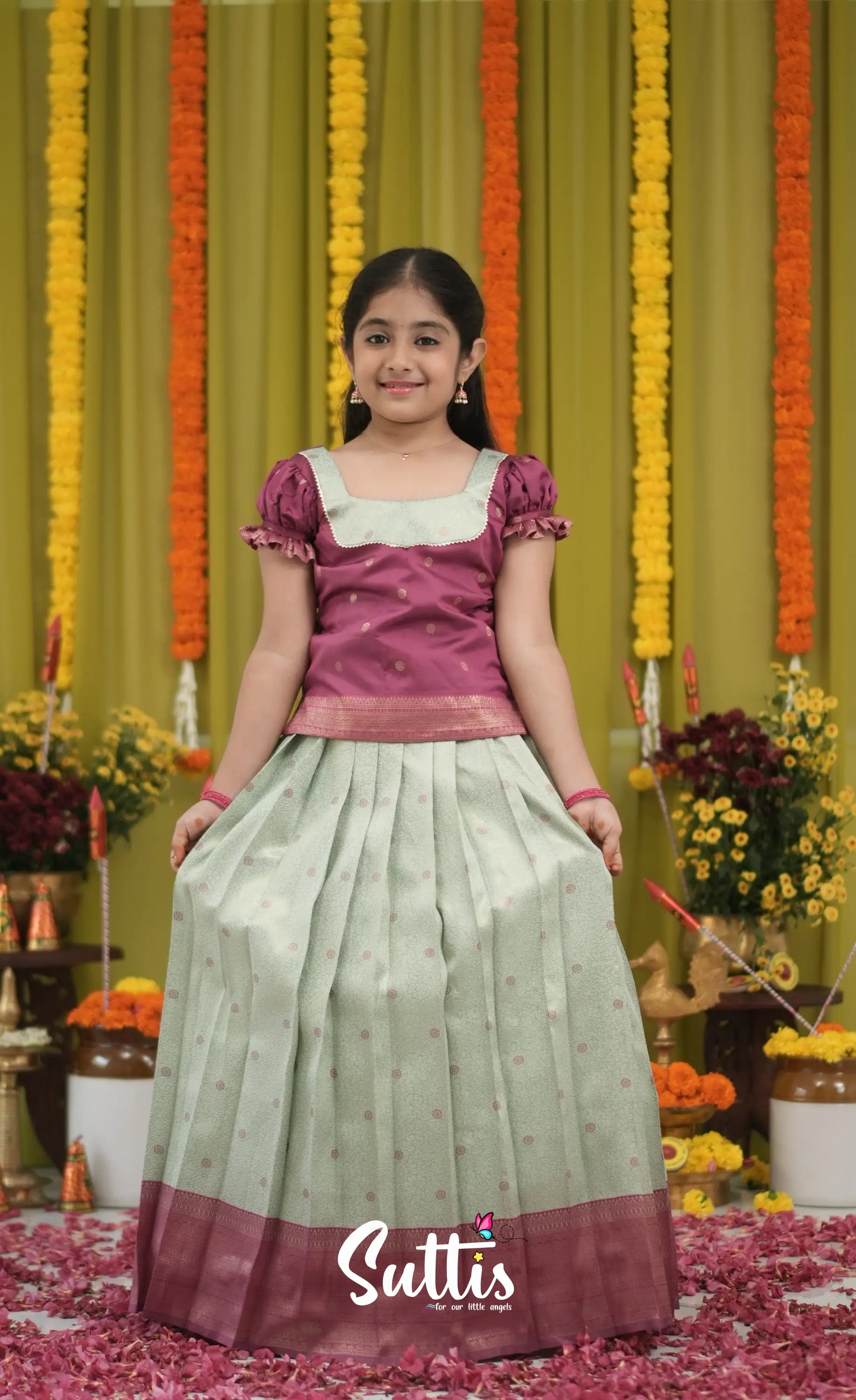 Blended Silk Pavadai Sattai - Pastel Blue and Magenta Pink Kids-Suttis