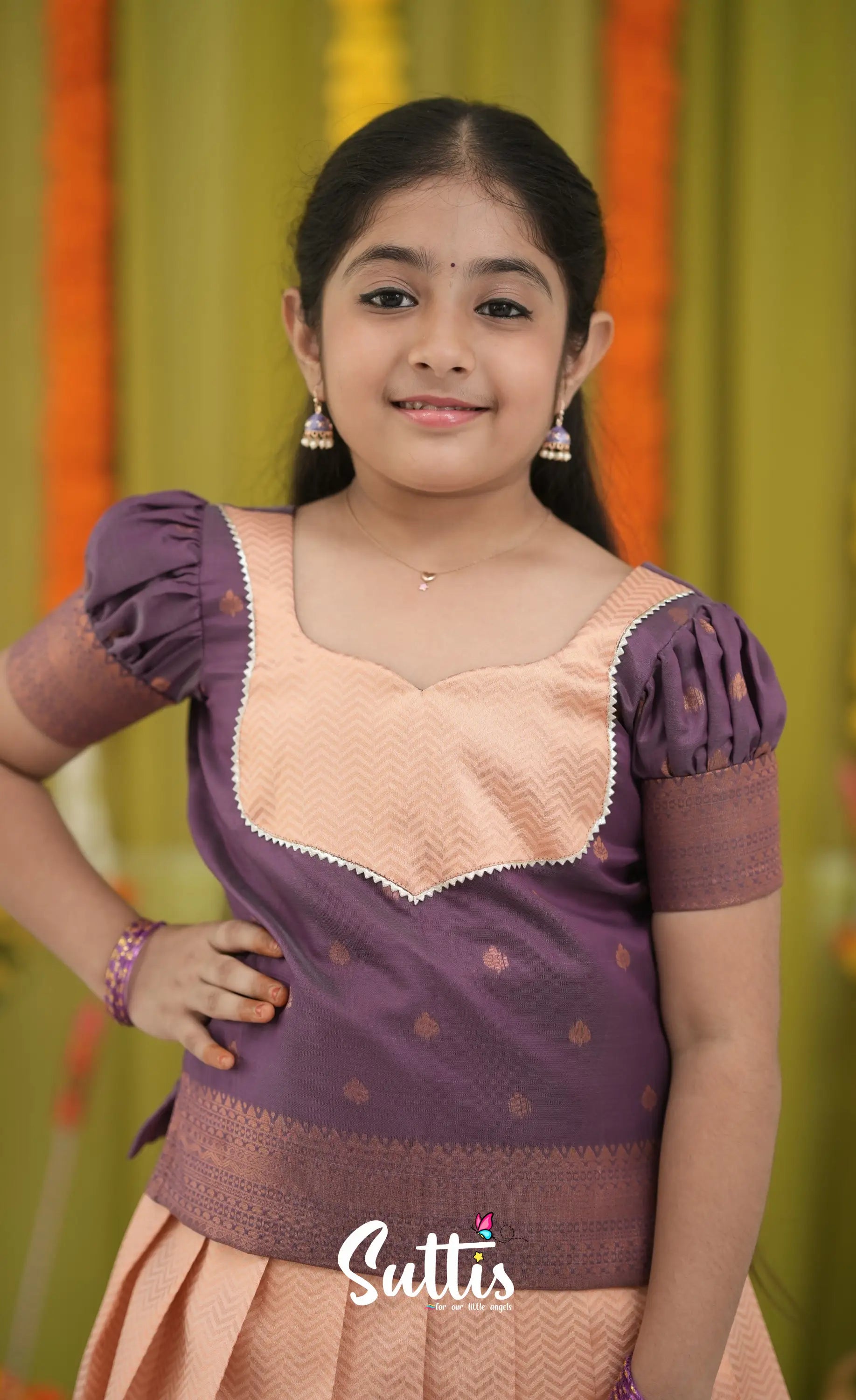 Blended Silk Pavadai Sattai - Peach and Purple Kids-Suttis