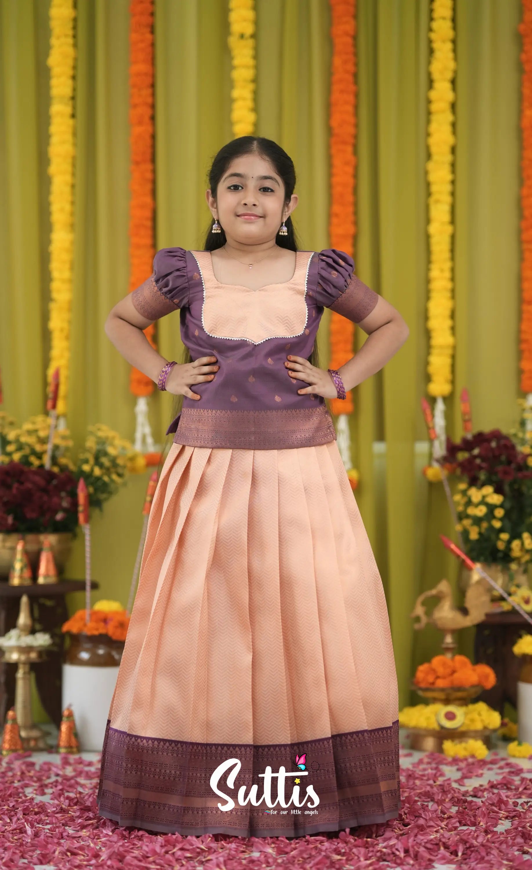 Blended Silk Pavadai Sattai - Peach and Purple Kids-Suttis
