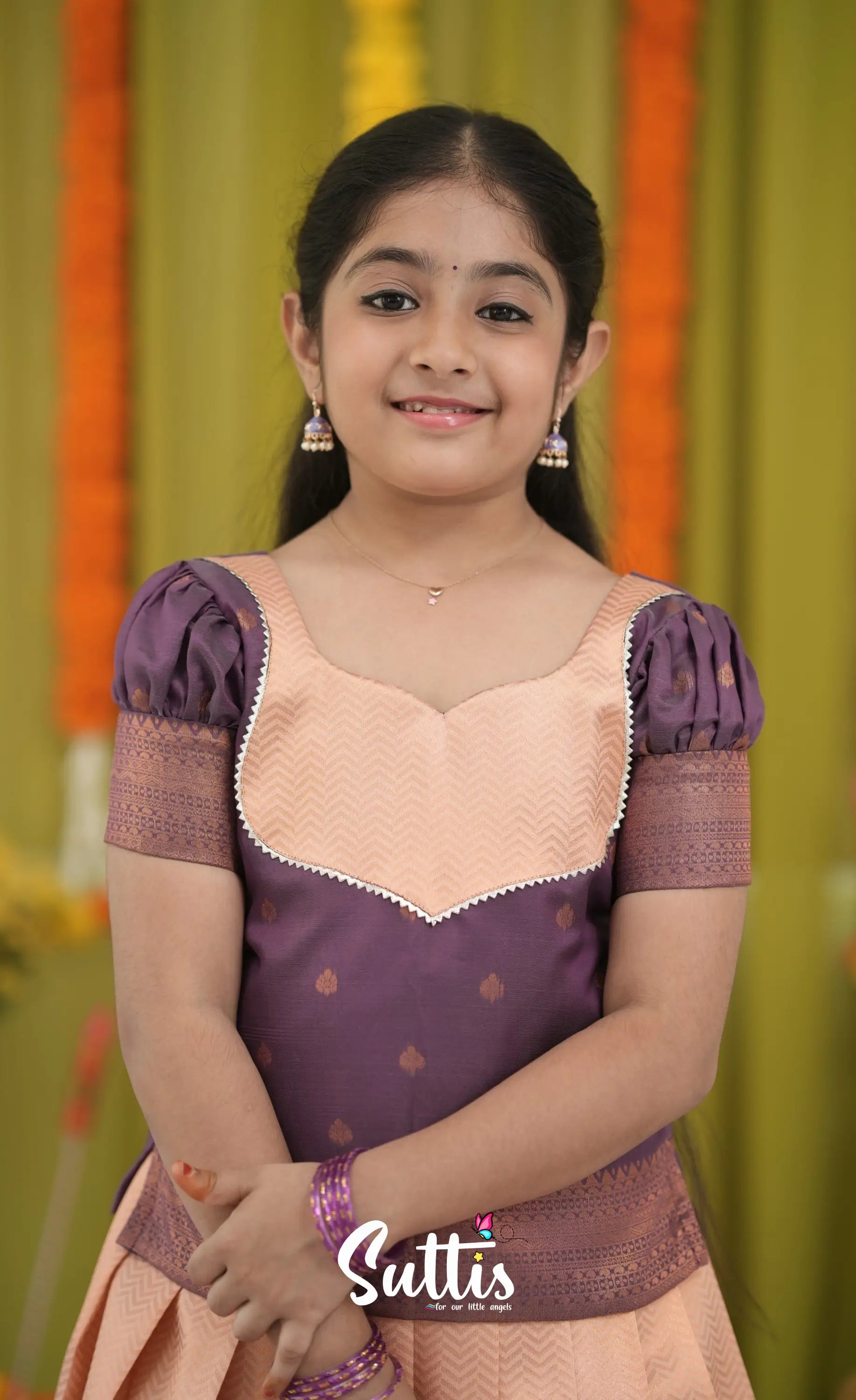 Blended Silk Pavadai Sattai - Peach and Purple Kids-Suttis