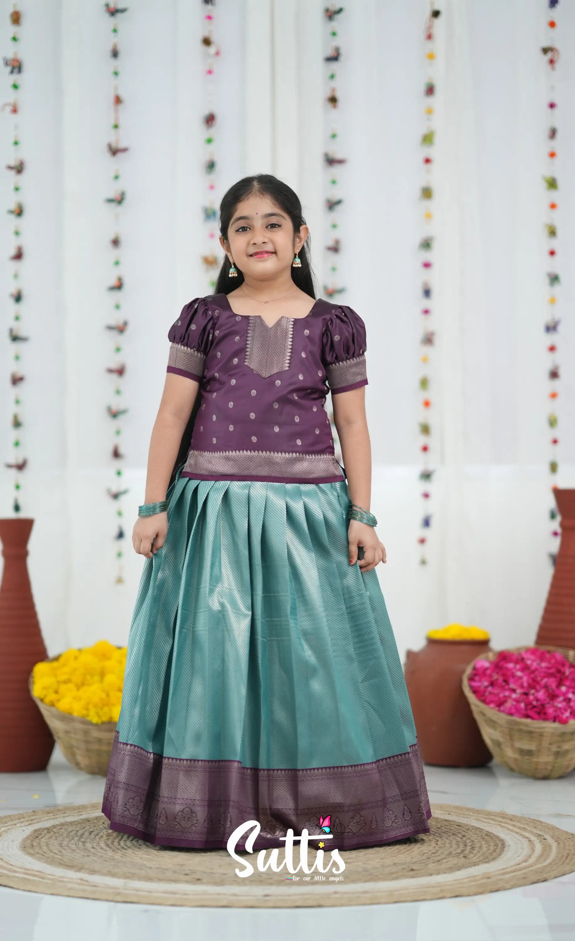 Blended Silk Pavadai Sattai Peacock Blue and Plum Kids Suttis