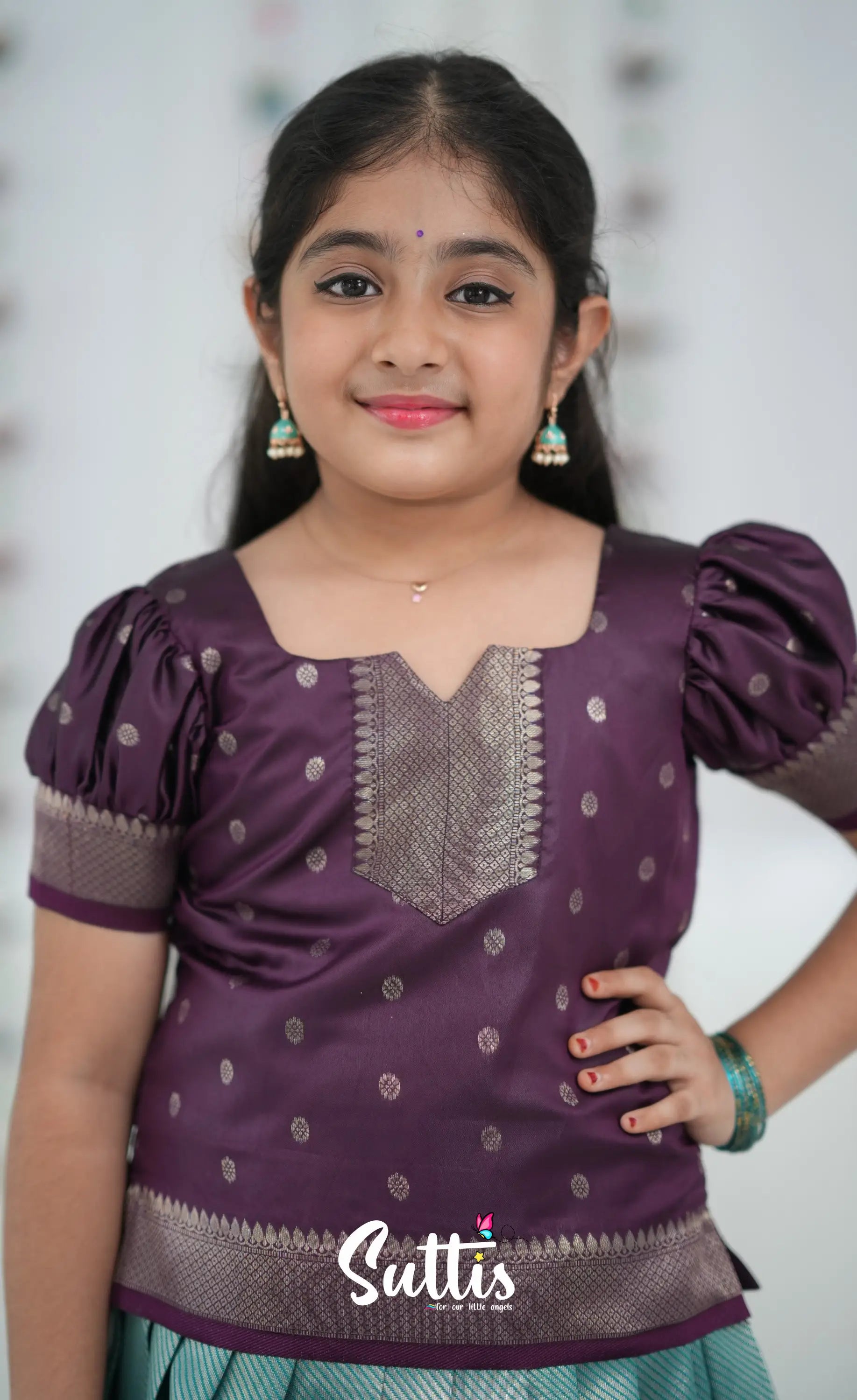 Blended Silk Pavadai Sattai Peacock Blue and Plum Kids Suttis