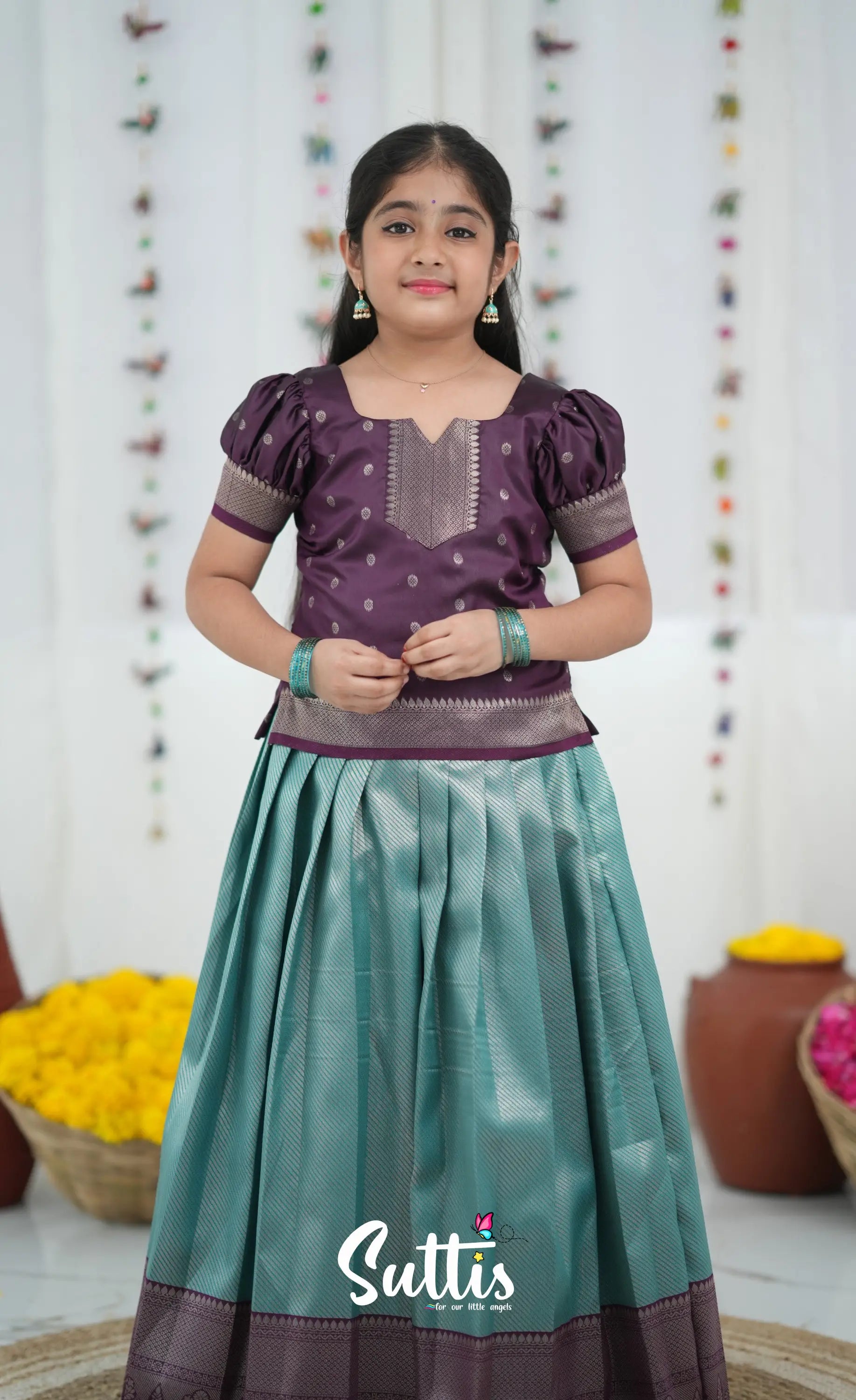 Blended Silk Pavadai Sattai Peacock Blue and Plum Kids Suttis