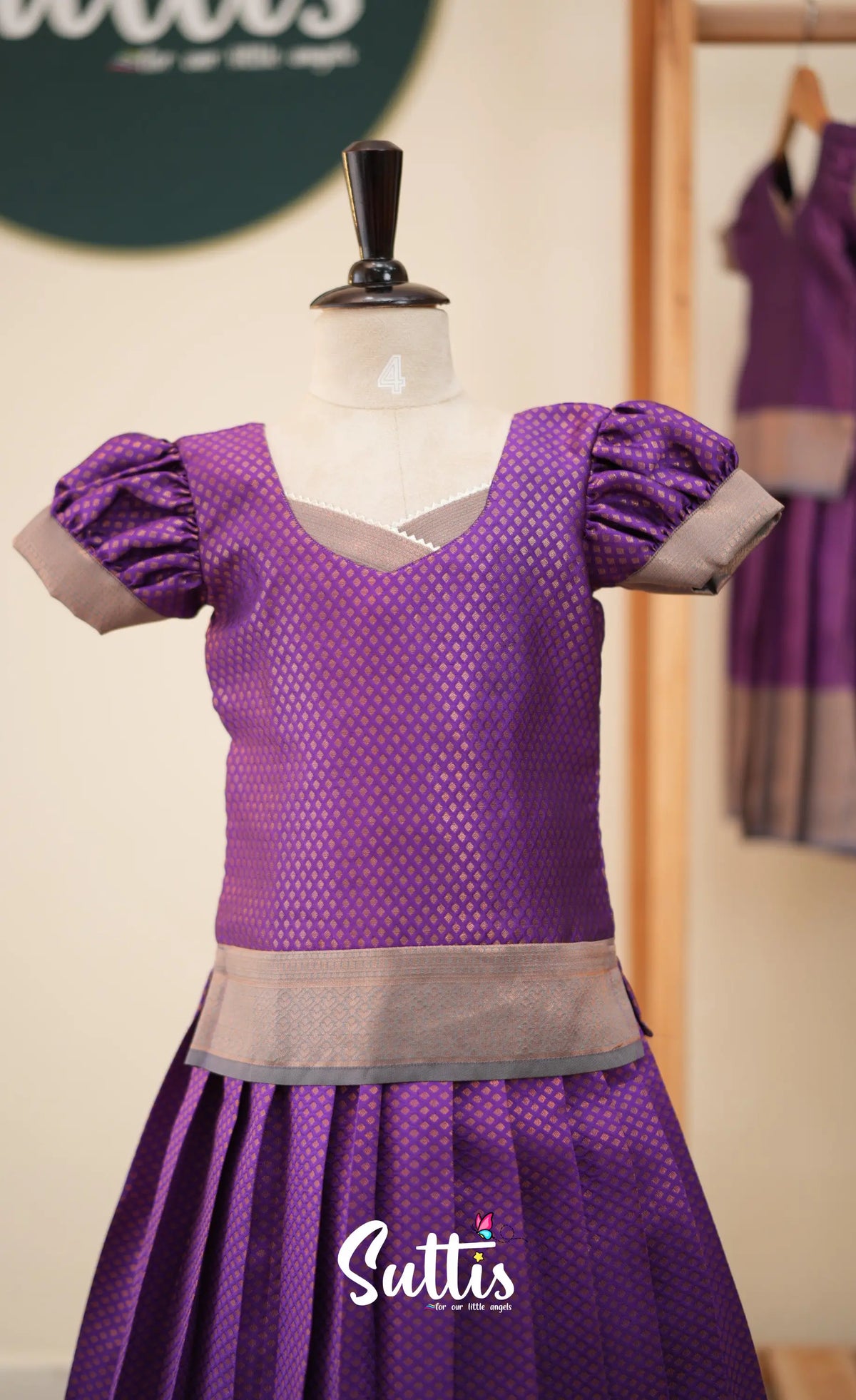 Blended Silk Pavadai Sattai - Purple and Grey - Kids-Suttis