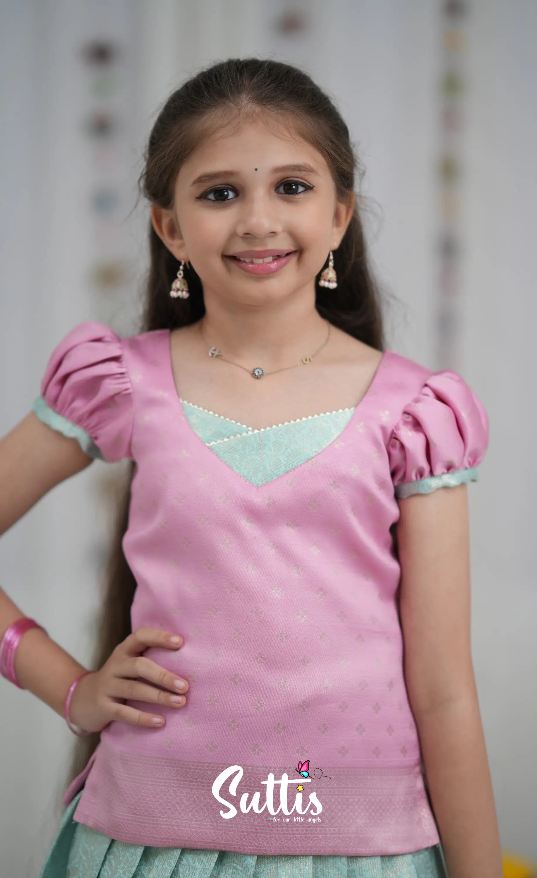 Blended Silk Pavadai Sattai Sky Blue and Baby Pink Kids Suttis