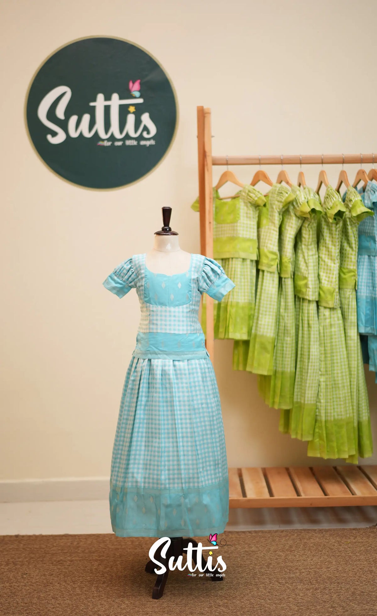 Blended Silk Pavadai Sattai - Sky Blue and White Checks - Kids-Suttis