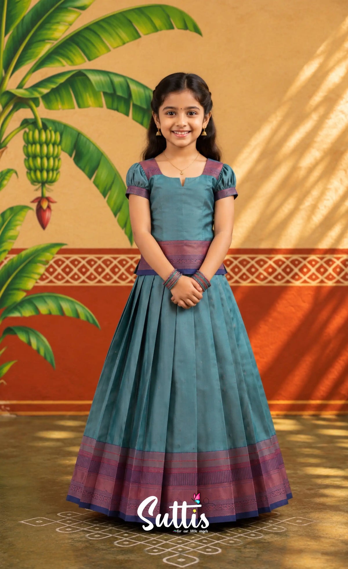 Blended Silk Pavadai Sattai - Teal Blue and Navy Blue - Kids-Suttis